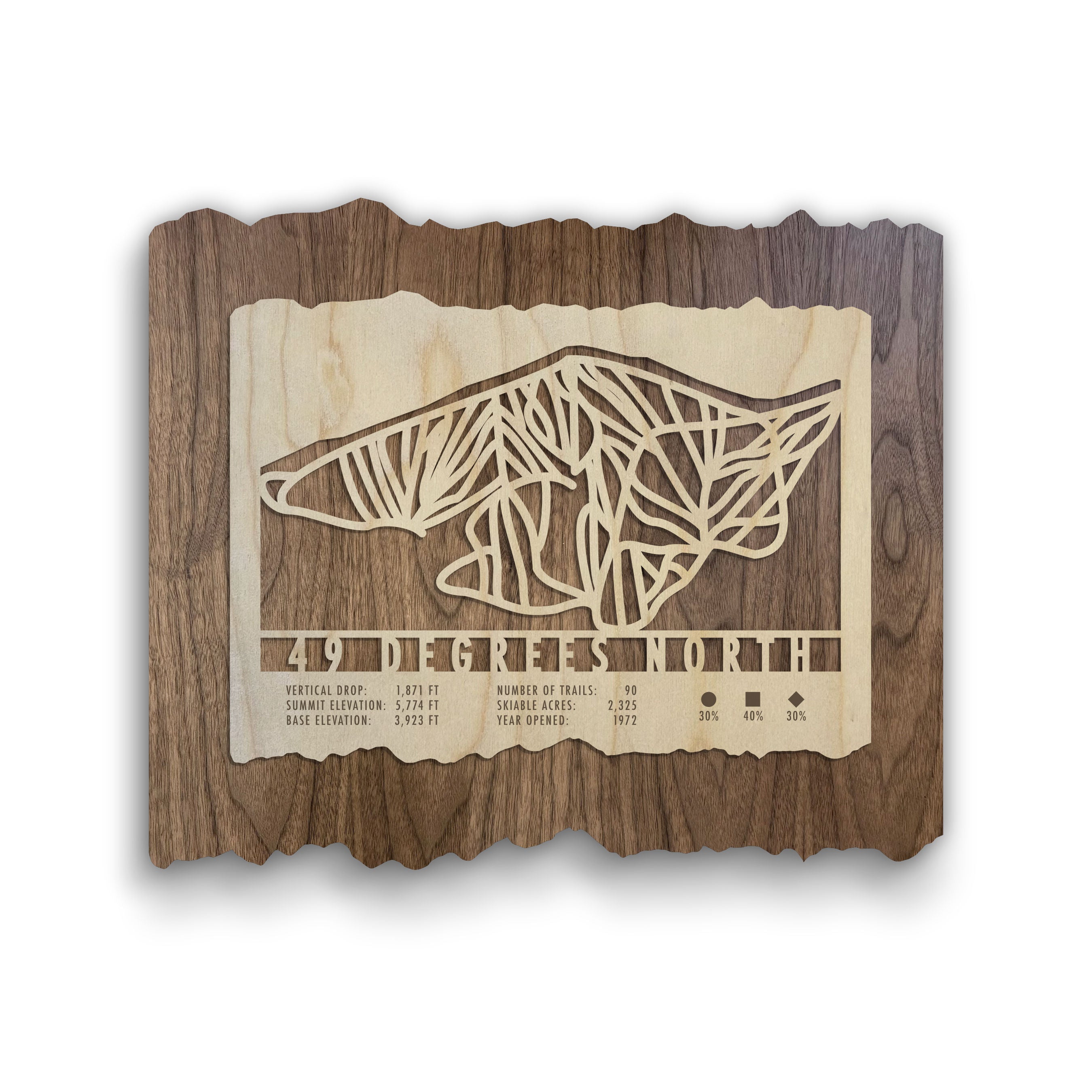 49 Degrees North Ski Trail Map - Wood Wall Decor by Mountaincut featuring laser-cut trail lines on natural wood, ideal for Washington ski lovers.