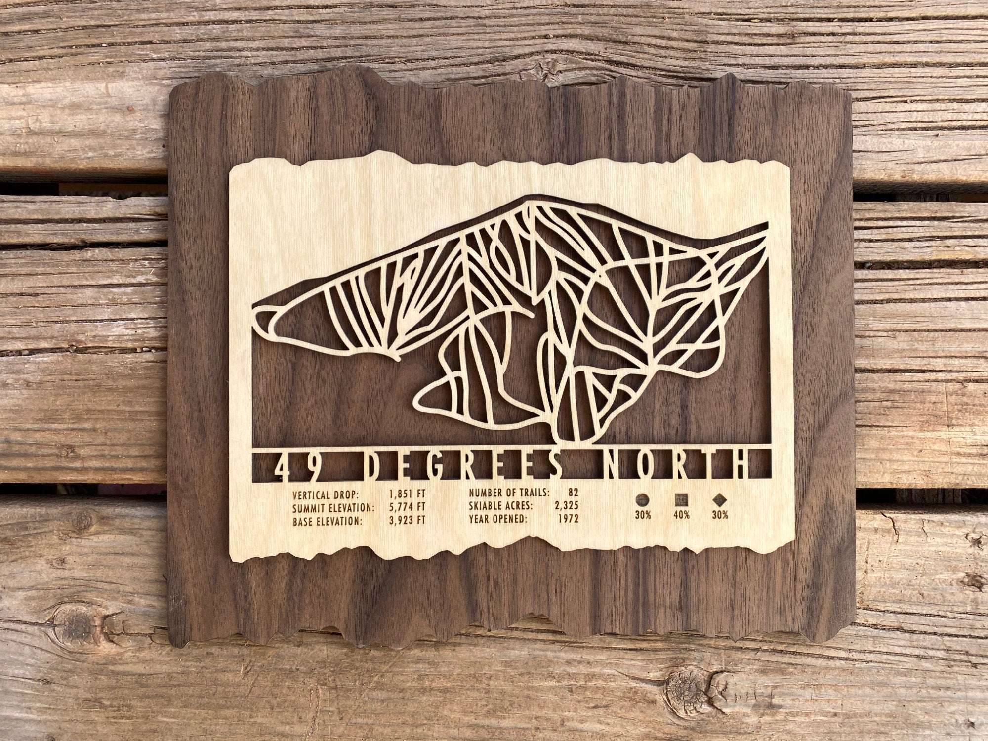 49 Degrees North Ski Trail Map - Wood Ski Decor displayed on rustic wood background, great gift for Washington skiing enthusiasts.