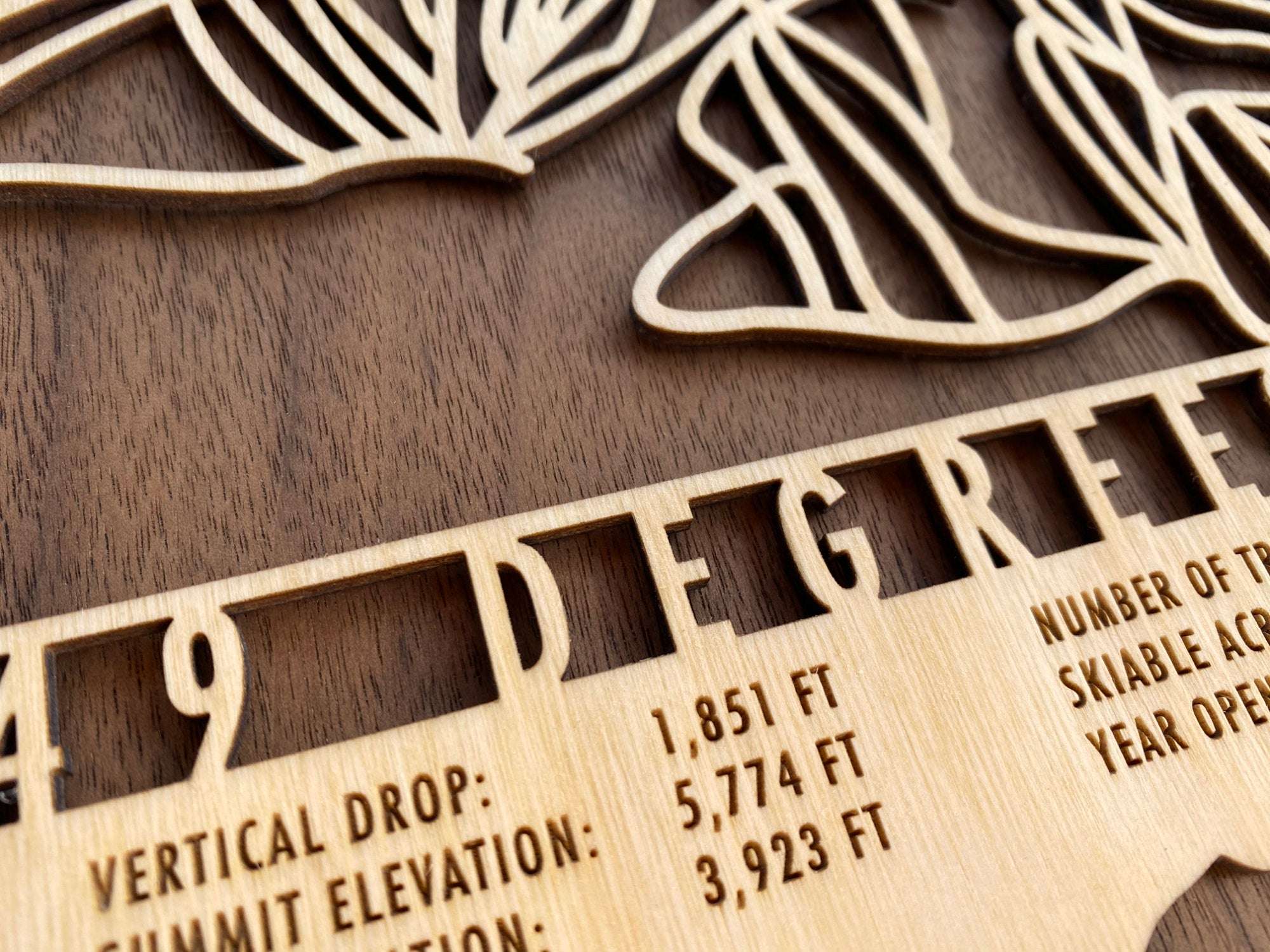 Detailed close-up of 49 Degrees North wood ski map showing engraved trail data of this Washington ski area.