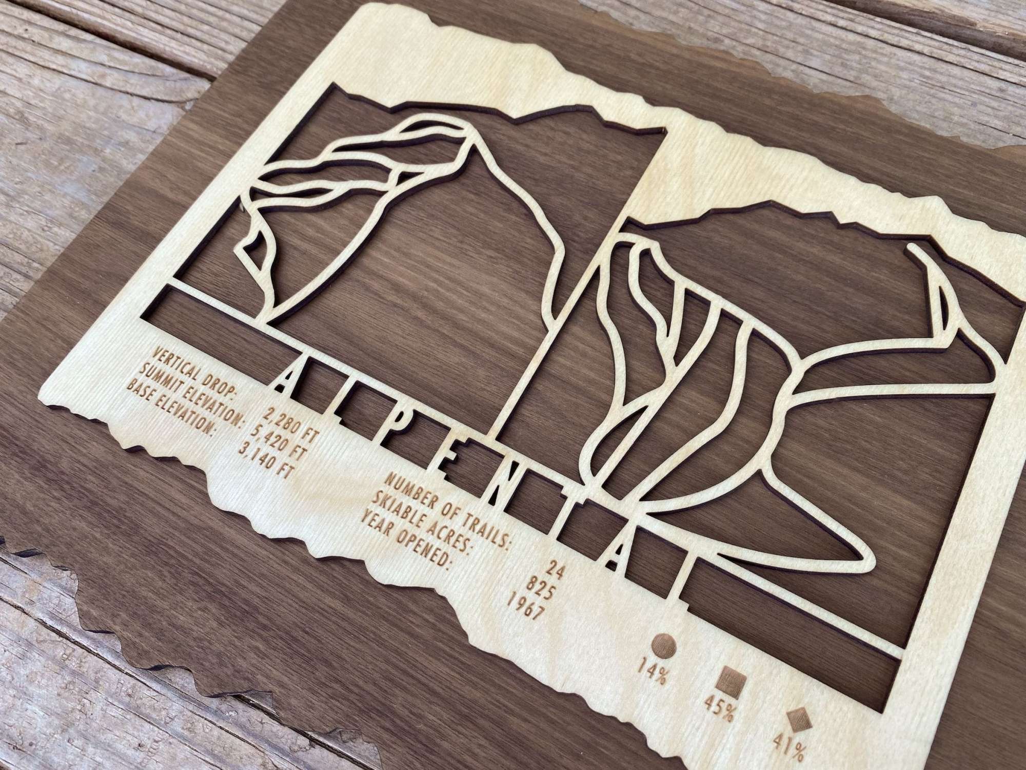 Angled view of Alpental Trail Map - Wall Decor - MountainCut wooden ski map highlighting intricate trail cuts and engraved mountain data.