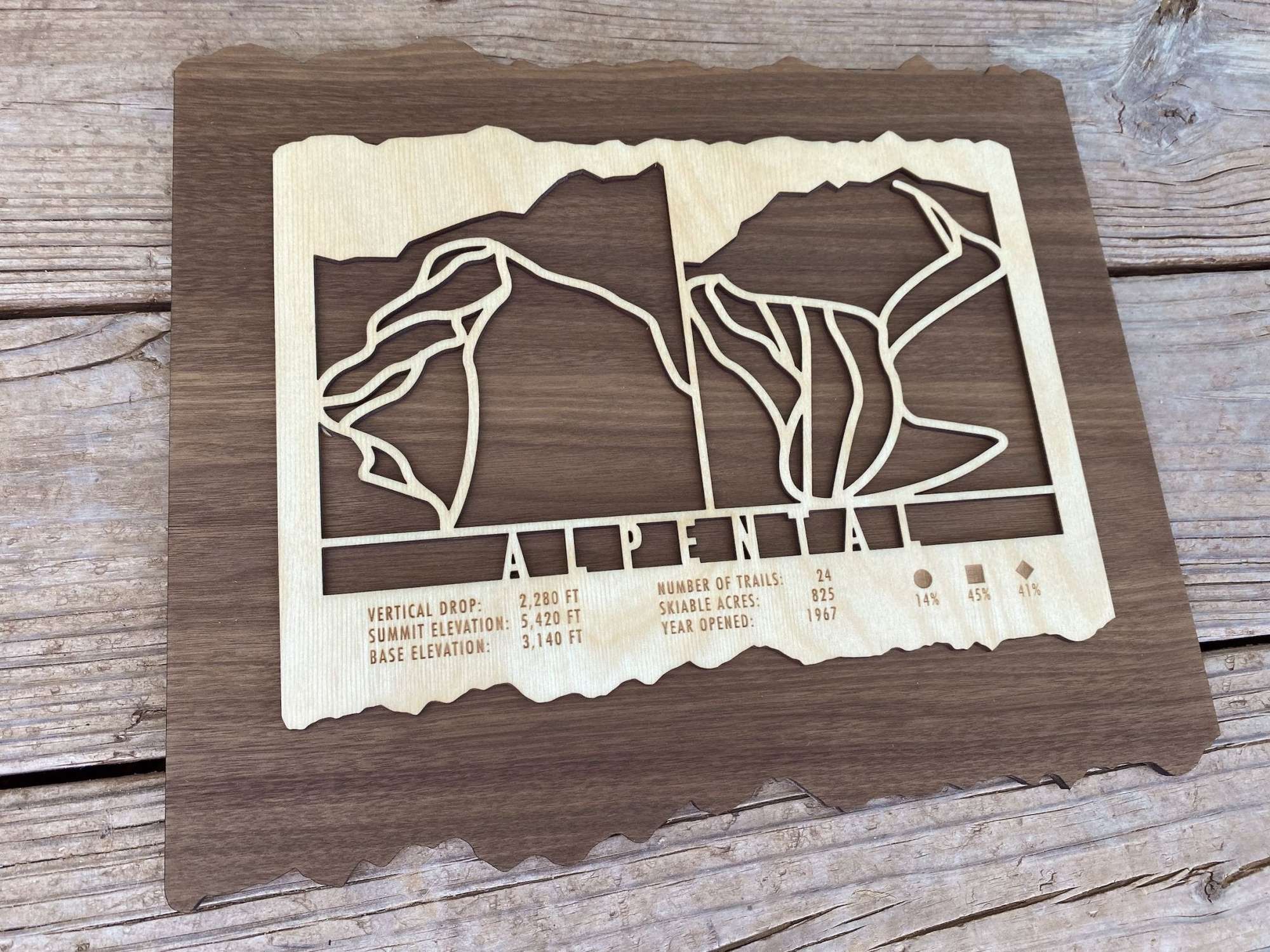 Alpental Ski Trail Map - Wall Decor - wood ski map with engraved trail design and elevation details, perfect for ski-themed interiors.