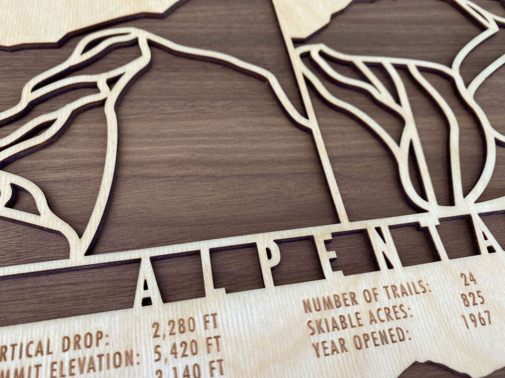 Close-up of Alpental Ski Trail Map - Ski Decor - showing detailed laser-cut trails and engraved resort information of the Washington ski area.