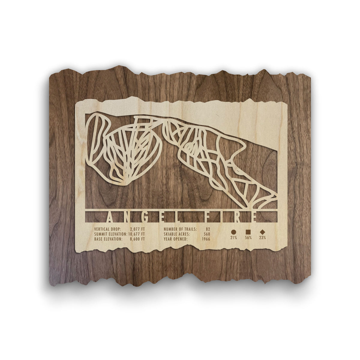Angel Fire Ski Trail Map - Ski Decor - Gift for skiers; laser-cut wood ski trail map of Angel Fire, New Mexico, mounted on rustic wood for wall display.