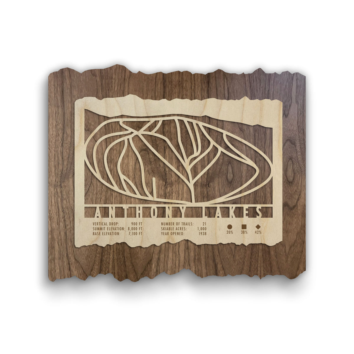 Anthony Lakes Ski Trail Map - Wood Ski Decor by Mountaincut featuring engraved trail lines and resort stats on rustic wood for ski-themed wall art.