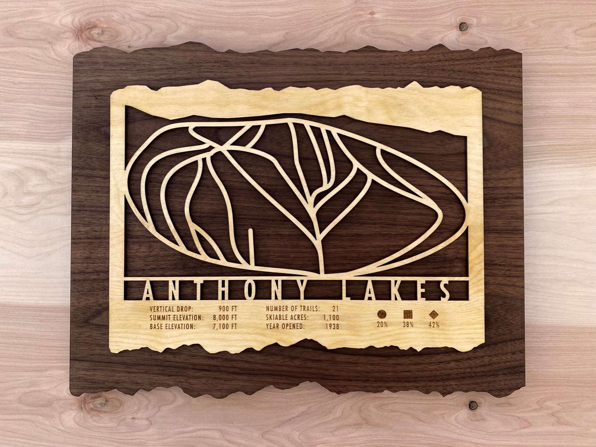 Anthony Lakes Ski Trail Map wood wall art mounted on a wooden surface, showcasing ski trail lines and resort data for ski-themed interiors.