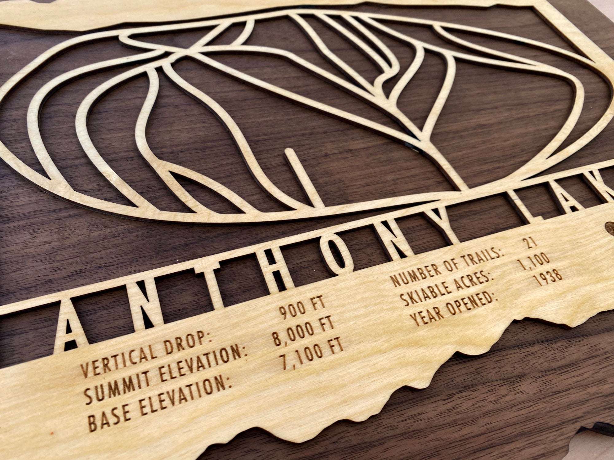 Detailed view of Anthony Lakes wooden ski map with vertical drop, elevation, and trail info, crafted for ski lovers' wall decor.
