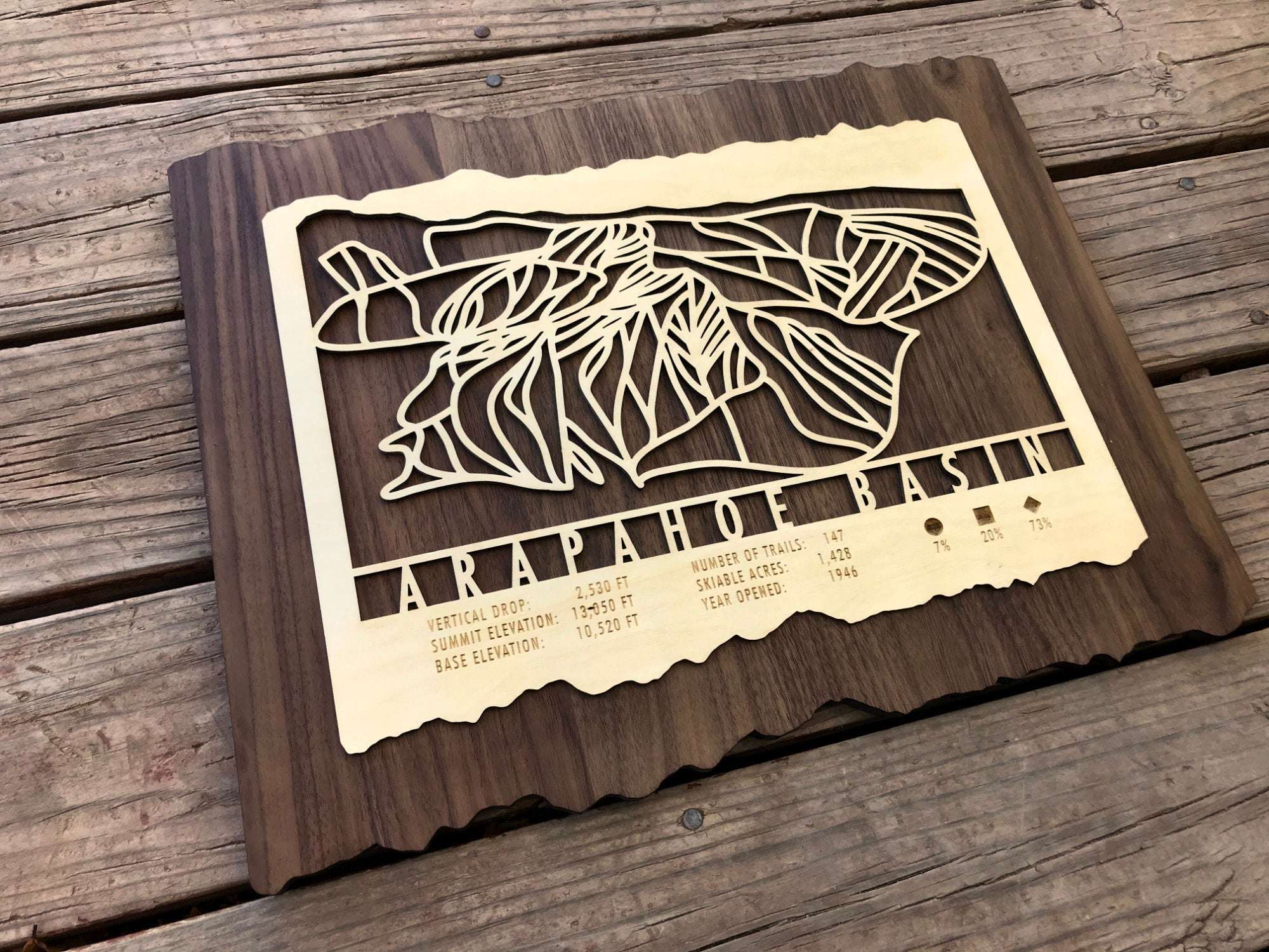 Angled view of A Basin wood ski trail map showing detailed laser-cut design on rustic wood, perfect for ski-themed interior decoration.