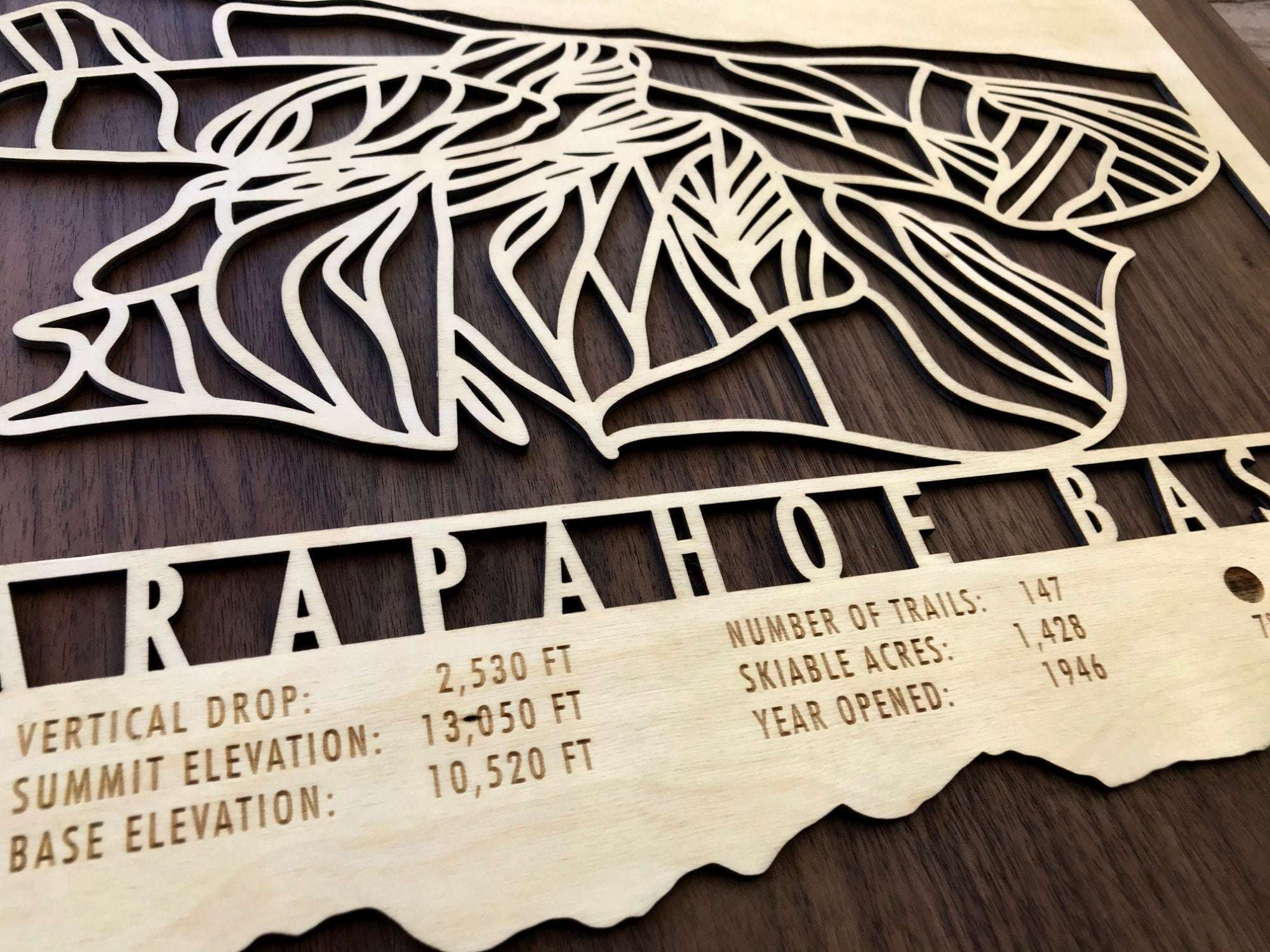Detailed view of Arapahoe Basin wood ski trail map with engraved elevation, trail count, and skiable acres, crafted for mountain decor.