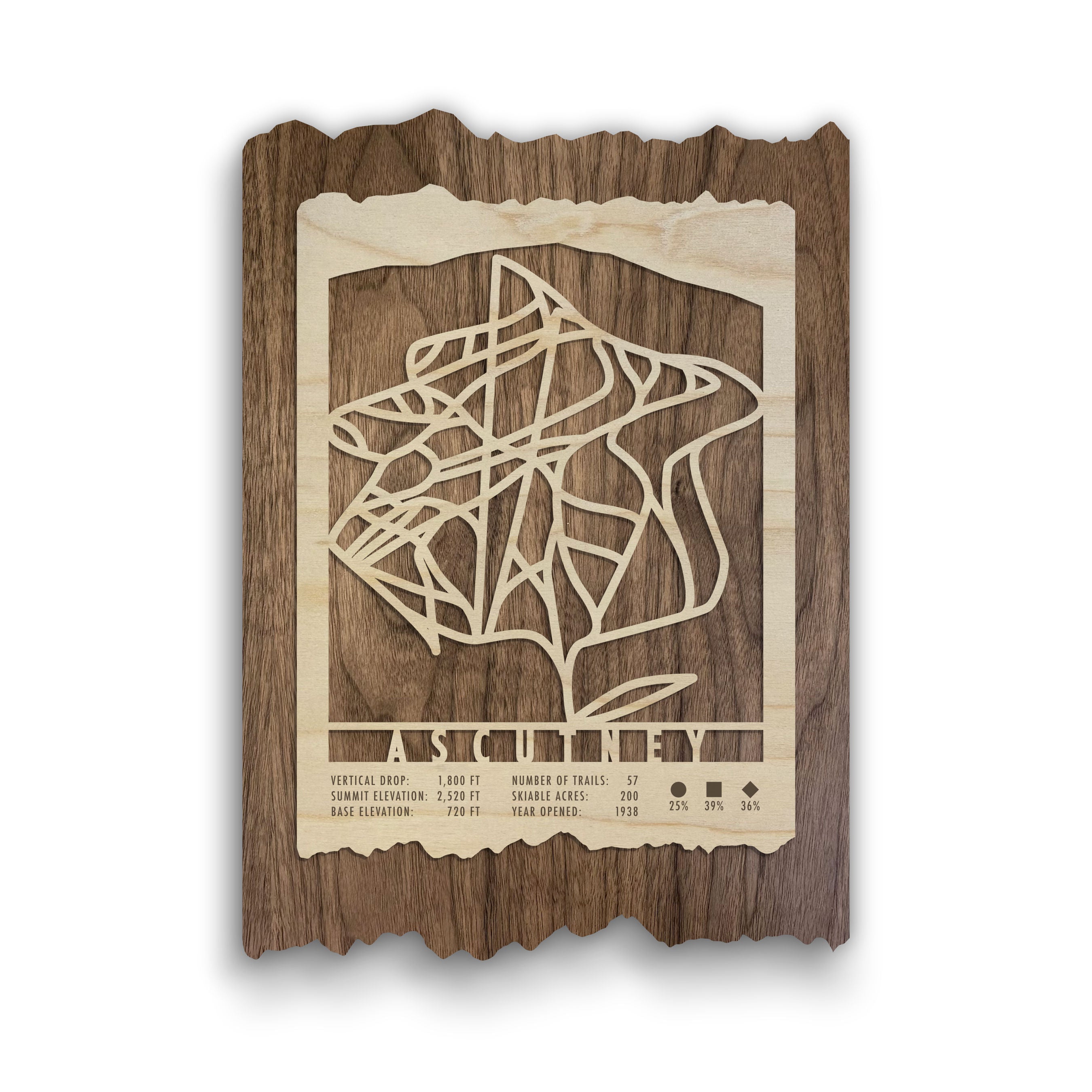 Ascutney Ski Trail Map - Wood Ski Decor by Mountaincut featuring intricate laser-cut trails on rustic wood, ideal for ski-themed wall art.