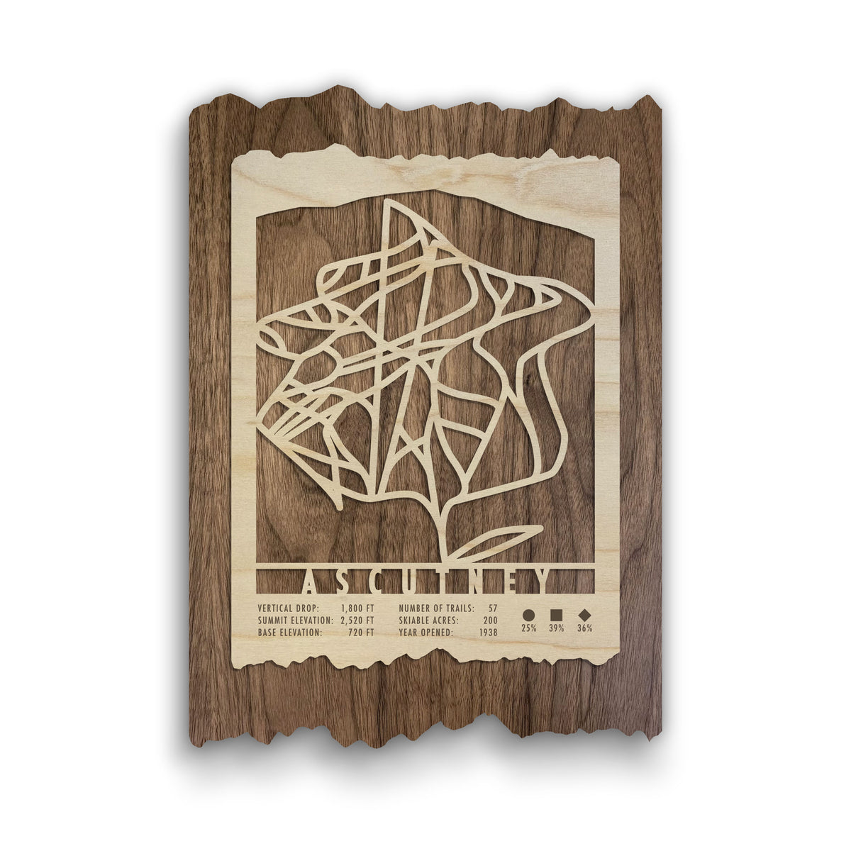 Ascutney Ski Trail Map - Wood Ski Decor by Mountaincut featuring intricate laser-cut trails on rustic wood, ideal for ski-themed wall art.