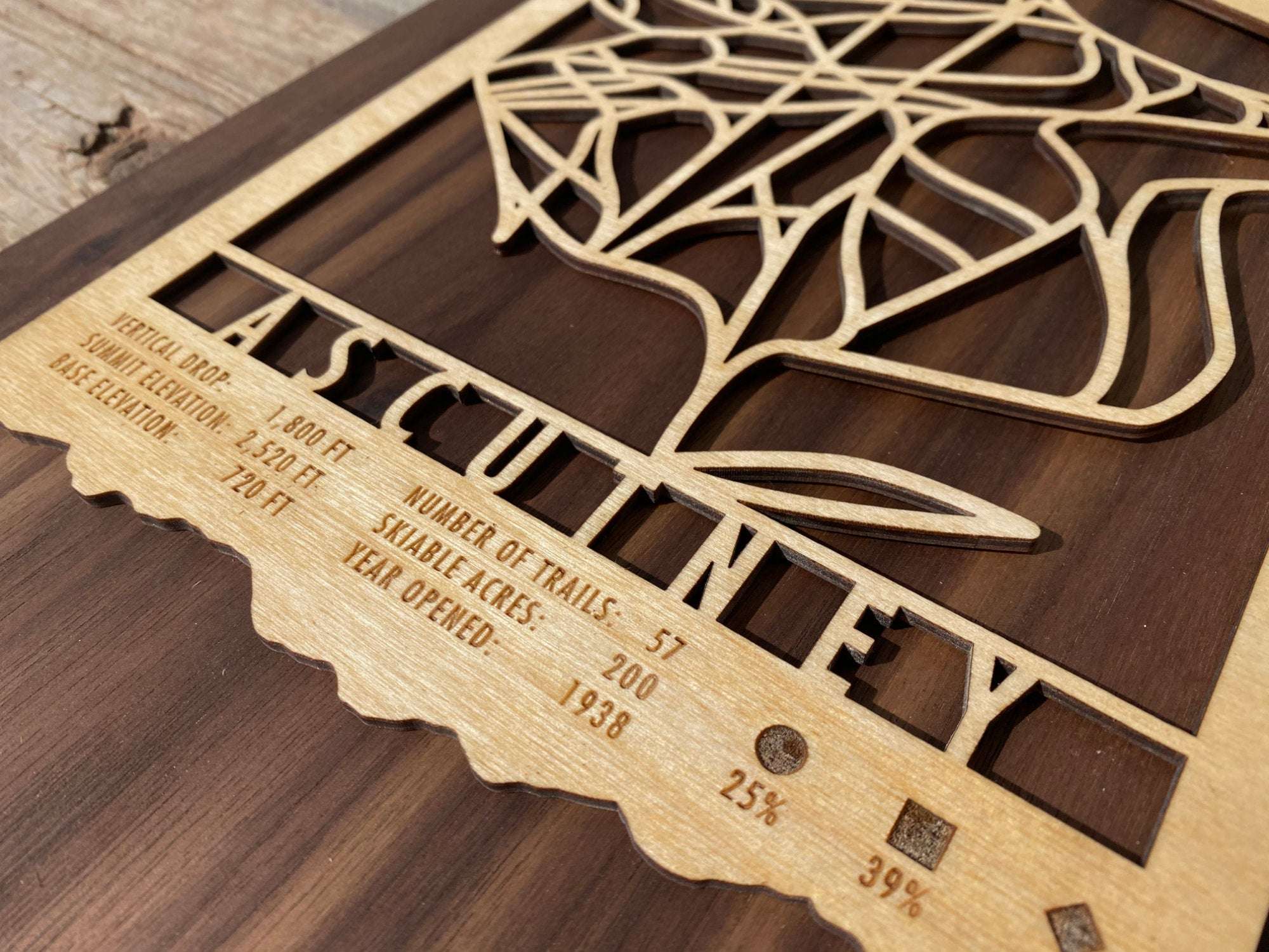 Close-up of Ascutney Ski Trail Map wood art showing engraved trail details and mountain data, perfect for Vermont ski lovers' home decor.