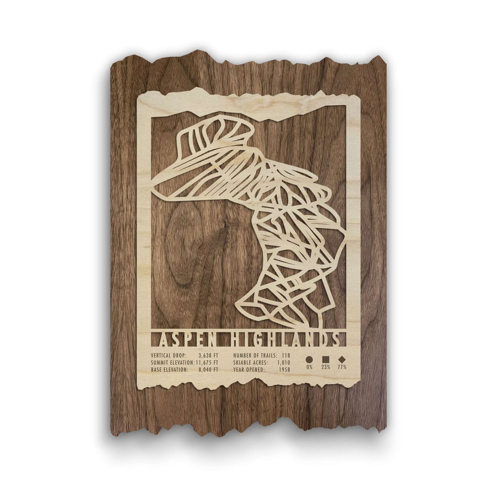 Aspen Highlands Ski Trail Map - Wall Decor by MountainCut, laser-cut wood artwork showing ski runs and trail stats for Colorado resort.