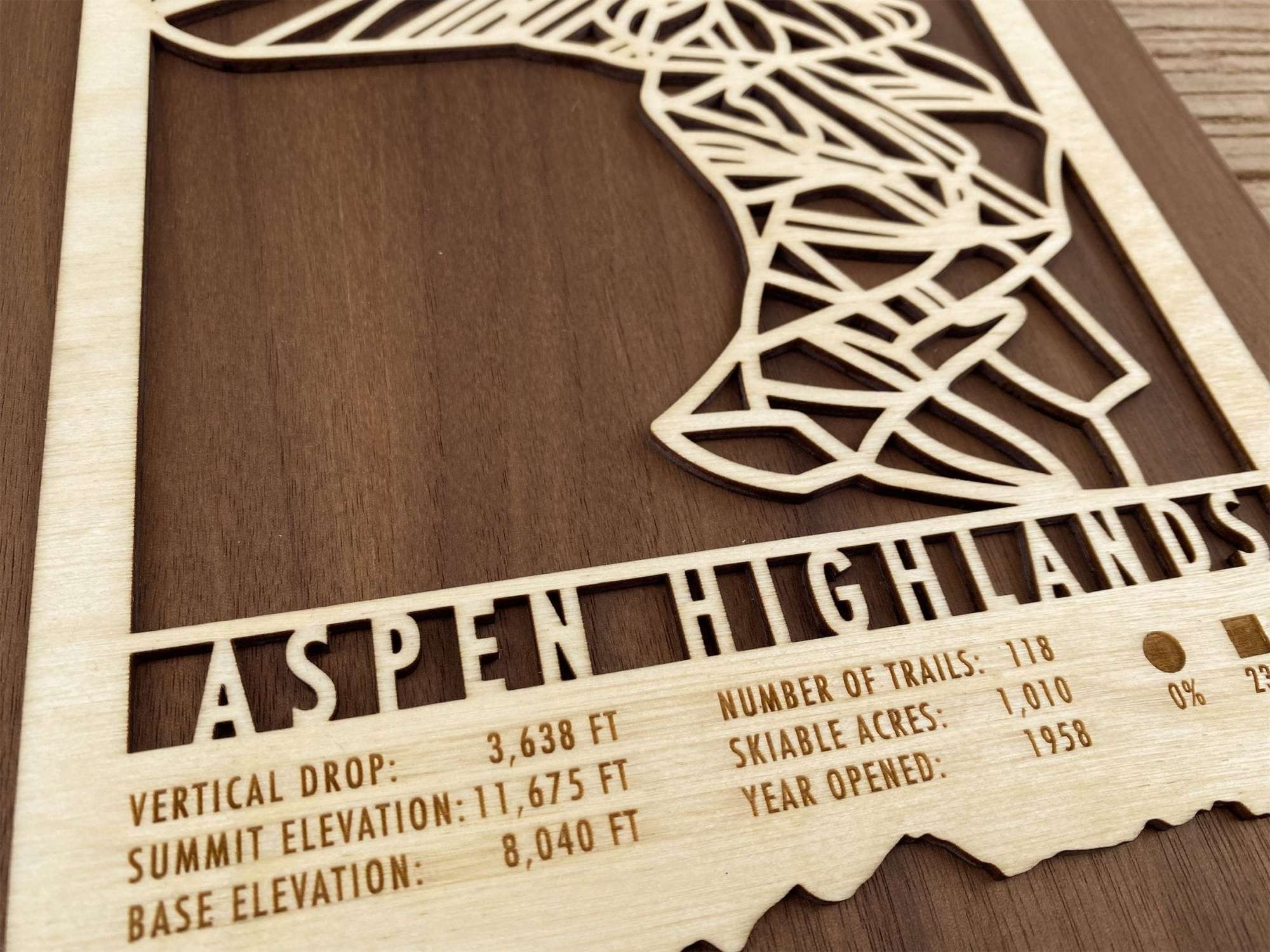 Close-up of Aspen Highlands Ski Trail Map - Wall Decor showing engraved trail stats and precision-cut ski run design on wood.
