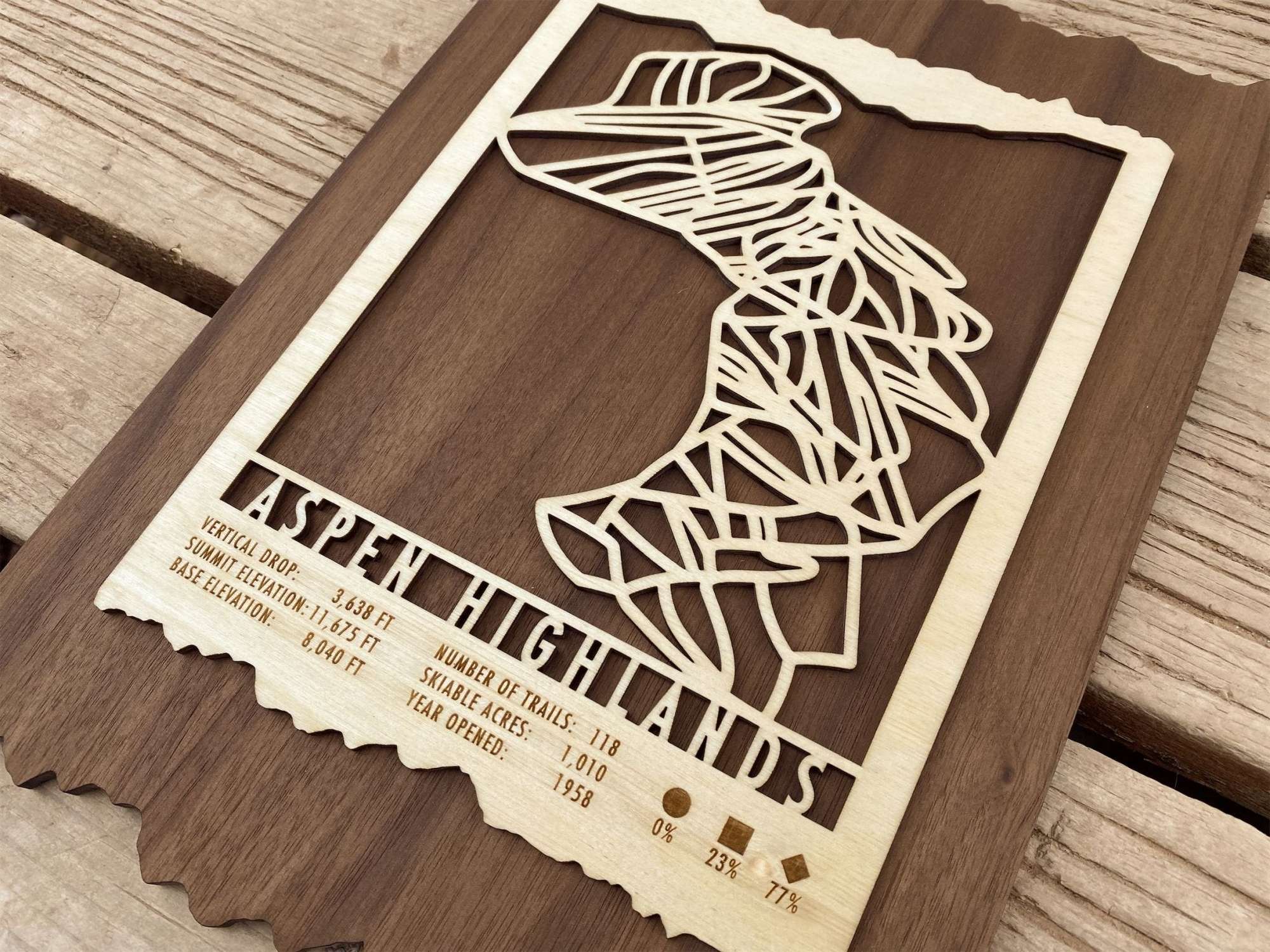 Angled view of Aspen Highlands Ski Trail Map - Wall Decor, featuring detailed wooden trail layout and engraved resort information.