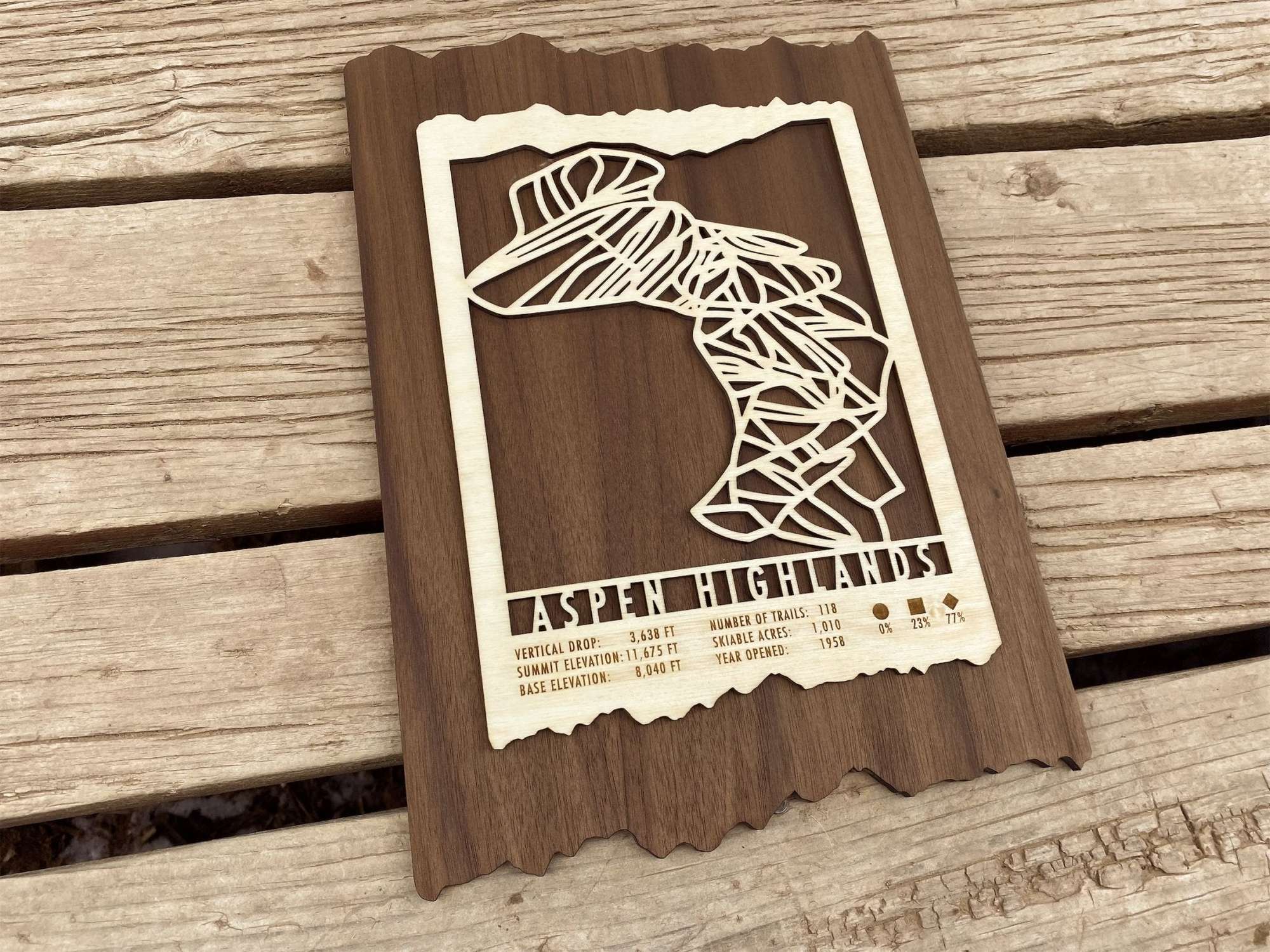 Aspen Highlands Ski Trail Map - Wall Decor displayed on rustic wood background, handcrafted wood art for ski lodge or mountain home.