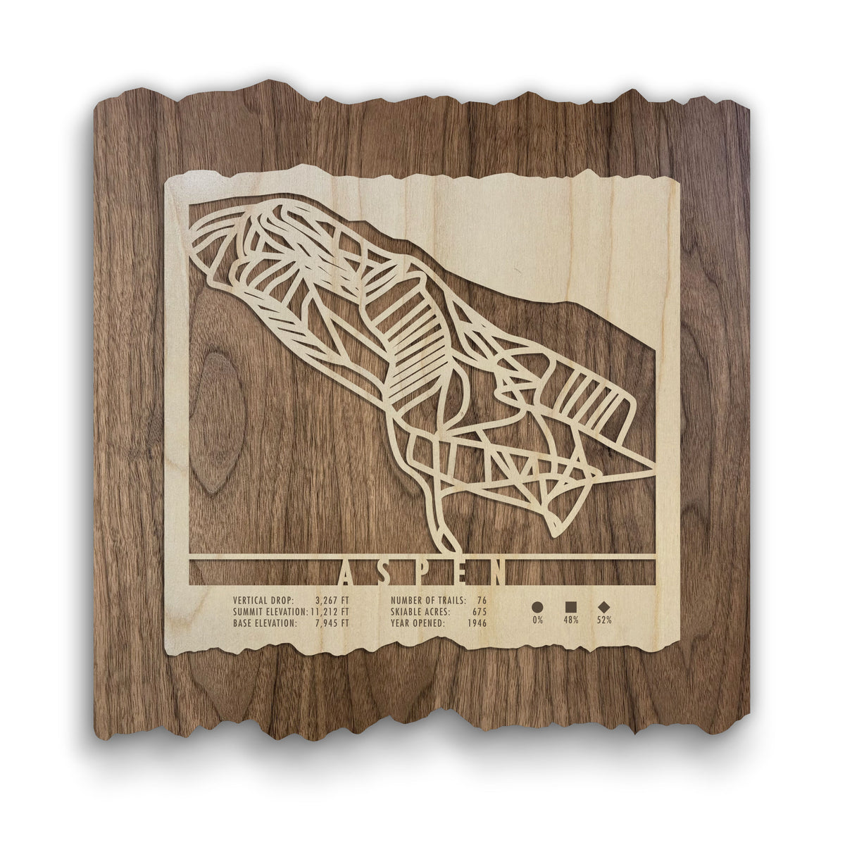 Aspen Trail Map - Wall Decor - MountainCut wood ski map featuring laser-cut Aspen ski trails on dark wood background, perfect for home or lodge decor.