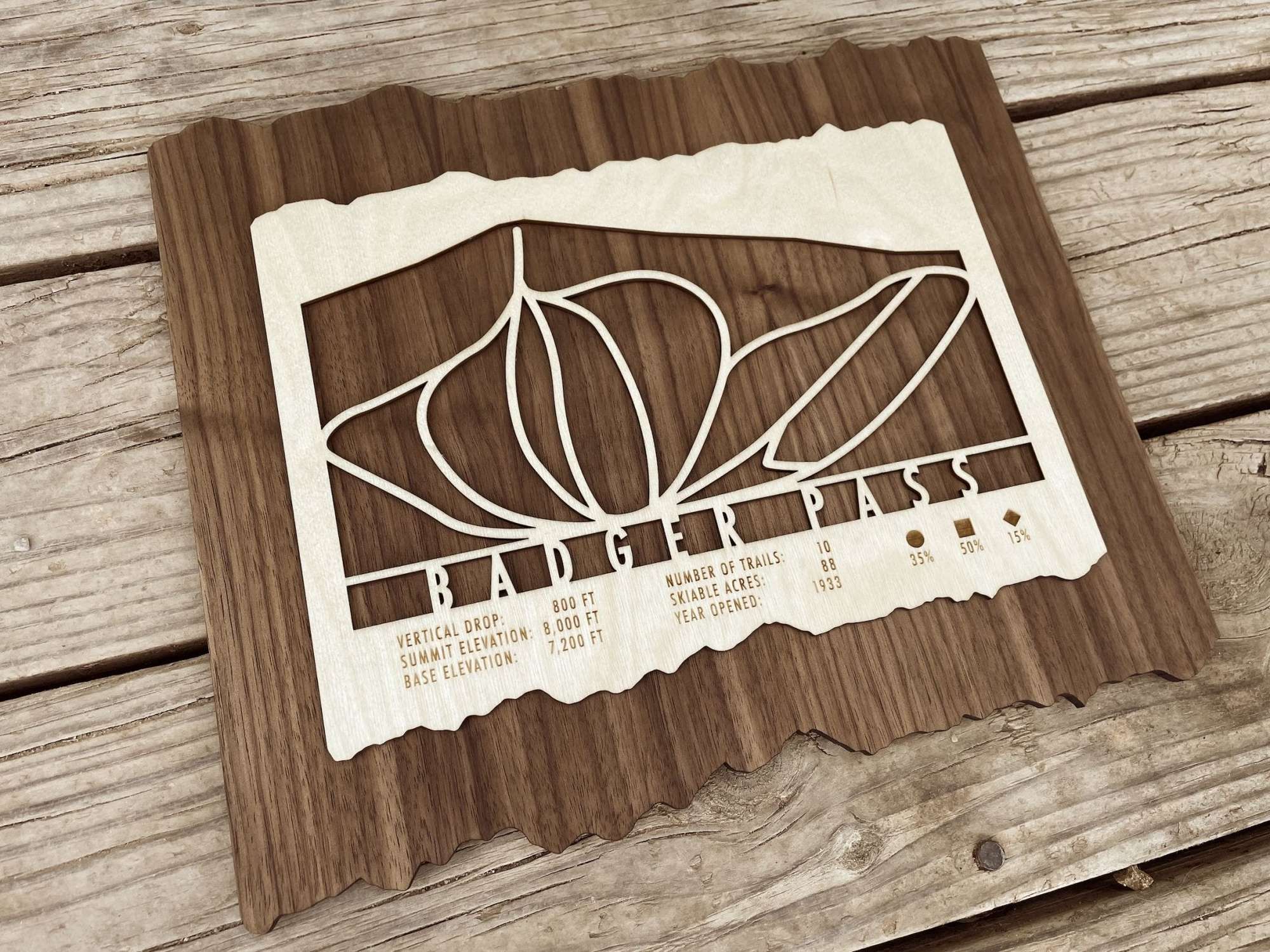 Badger Pass Ski Trail Map - Wall Decor - Mountaincut laser-cut wood ski map on rustic background, perfect for California ski enthusiasts' wall art.