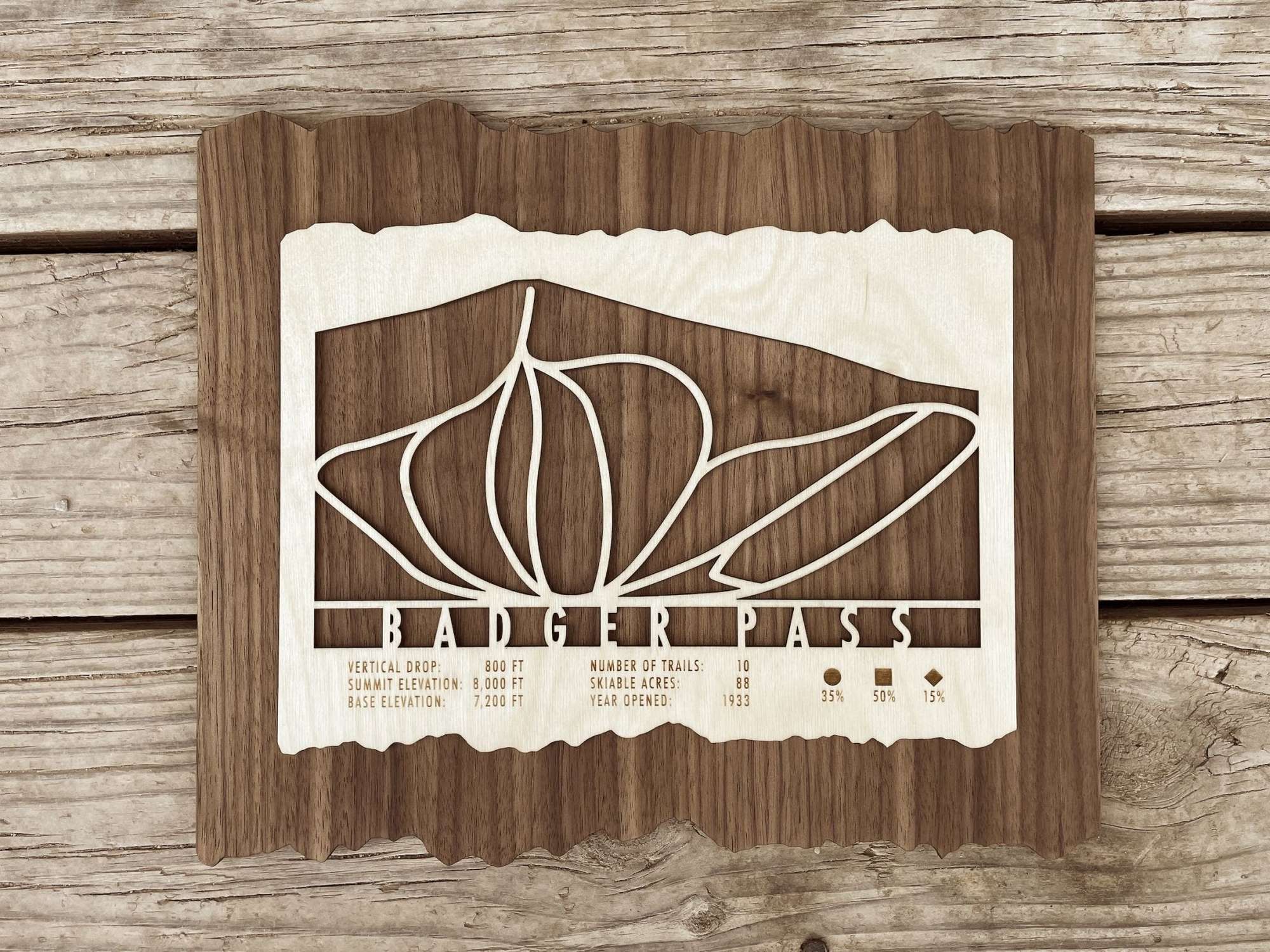 Badger Pass Ski Trail Map - Wall Decor - Mountaincut rustic wood ski trail map decor with engraved trail layout and resort data for ski lovers.