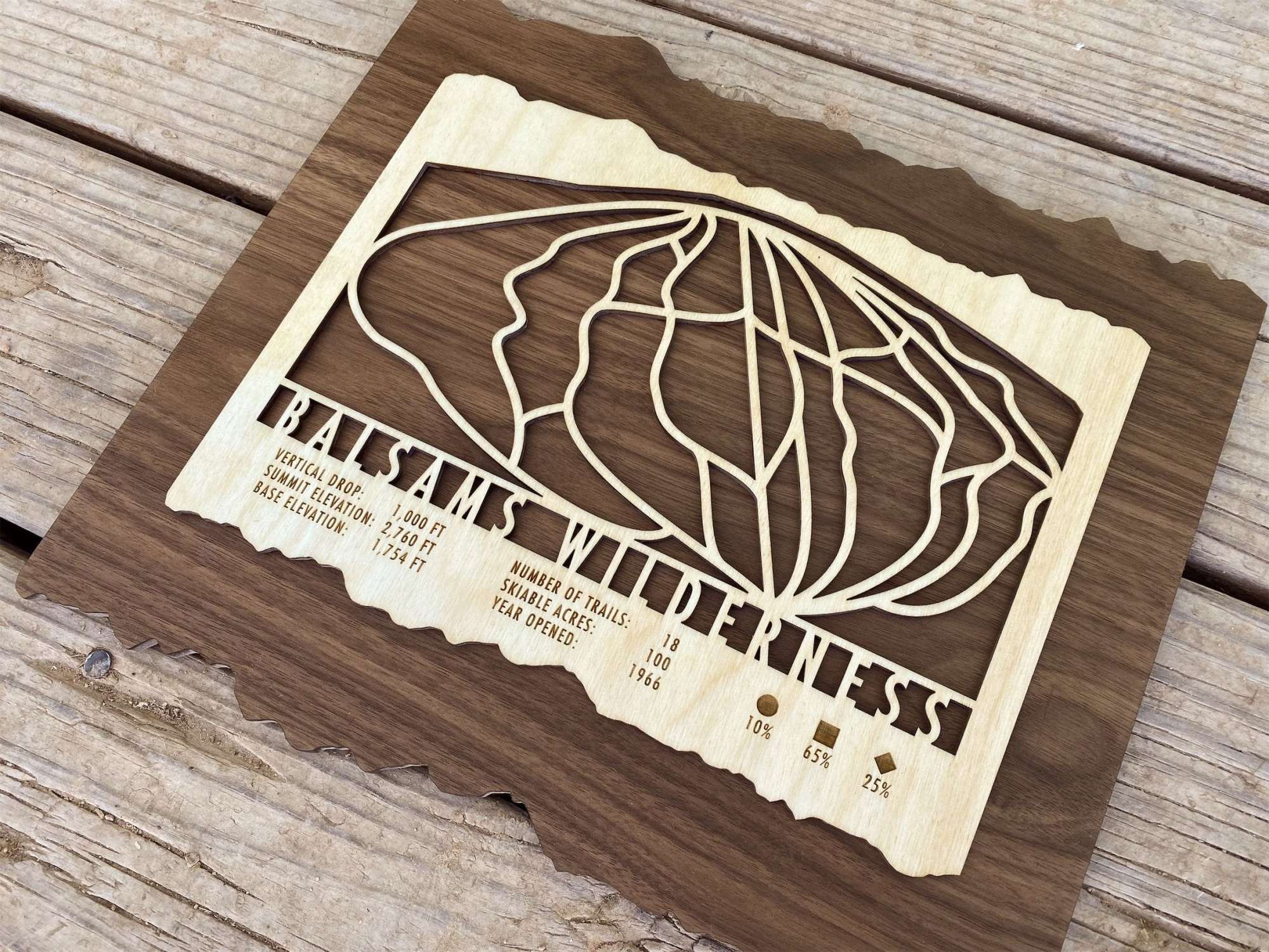 Detailed Balsams Wilderness ski trail map made of layered wood, showcasing trail layout and resort stats for stylish ski decor.