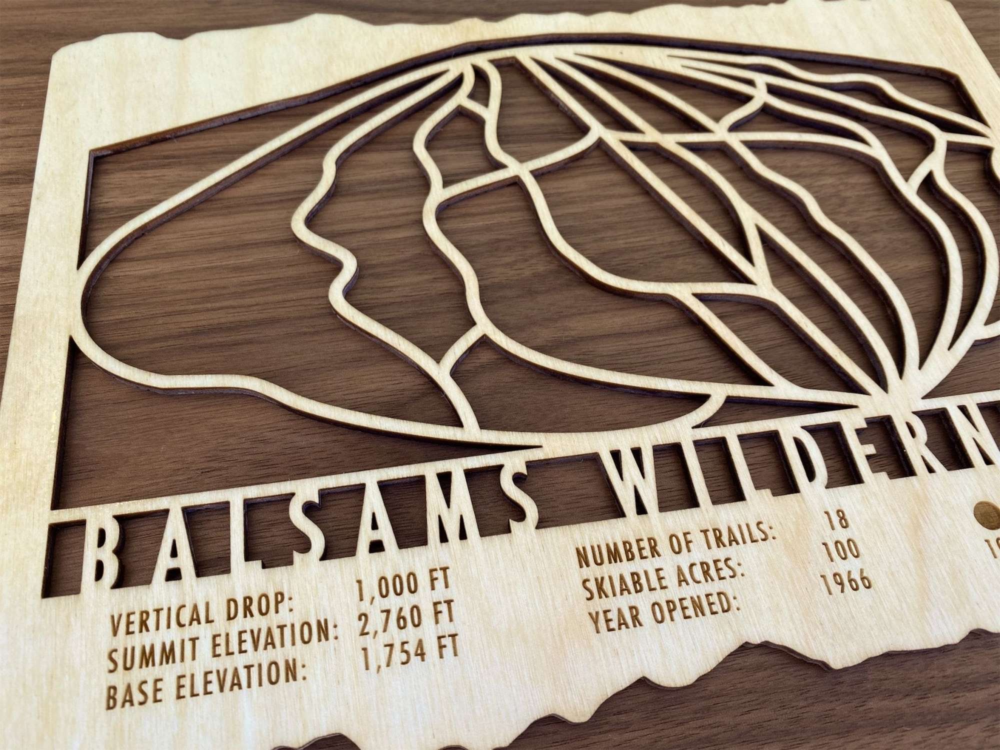 Close-up of Balsams Wilderness Ski Trail Map - Ski Decor highlighting engraved trail lines, vertical drop, and ski area data on wood.