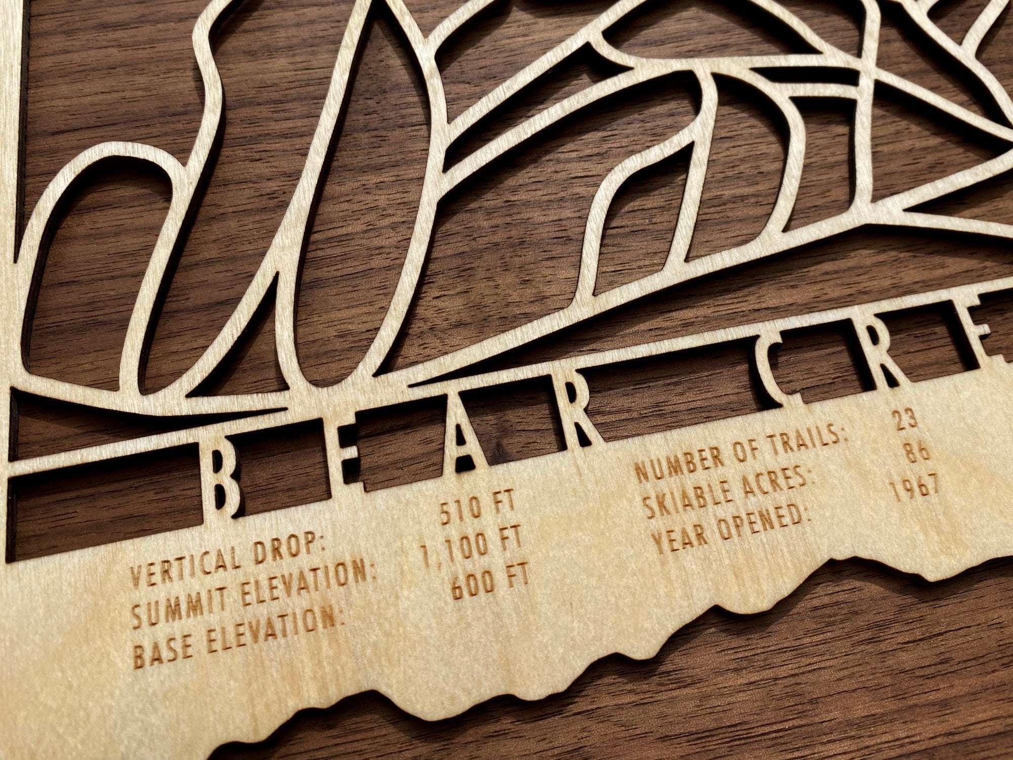 Close-up of Bear Creek Ski Trail Map showing vertical drop, elevation, and trail stats etched into wood, perfect for ski lovers' home decor.