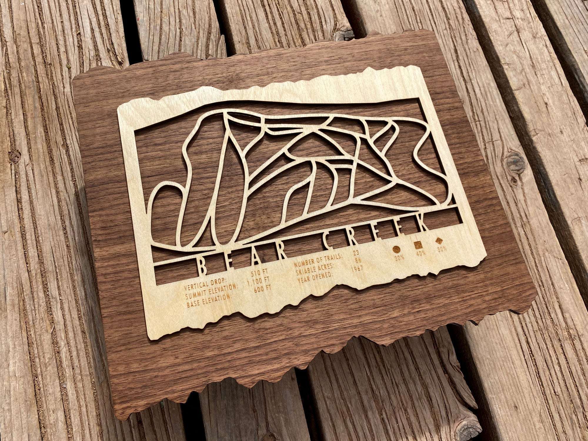 Wooden Bear Creek Ski Trail Map by Mountaincut displayed on outdoor wood surface, showcasing detailed ski run carvings and natural wood grain.