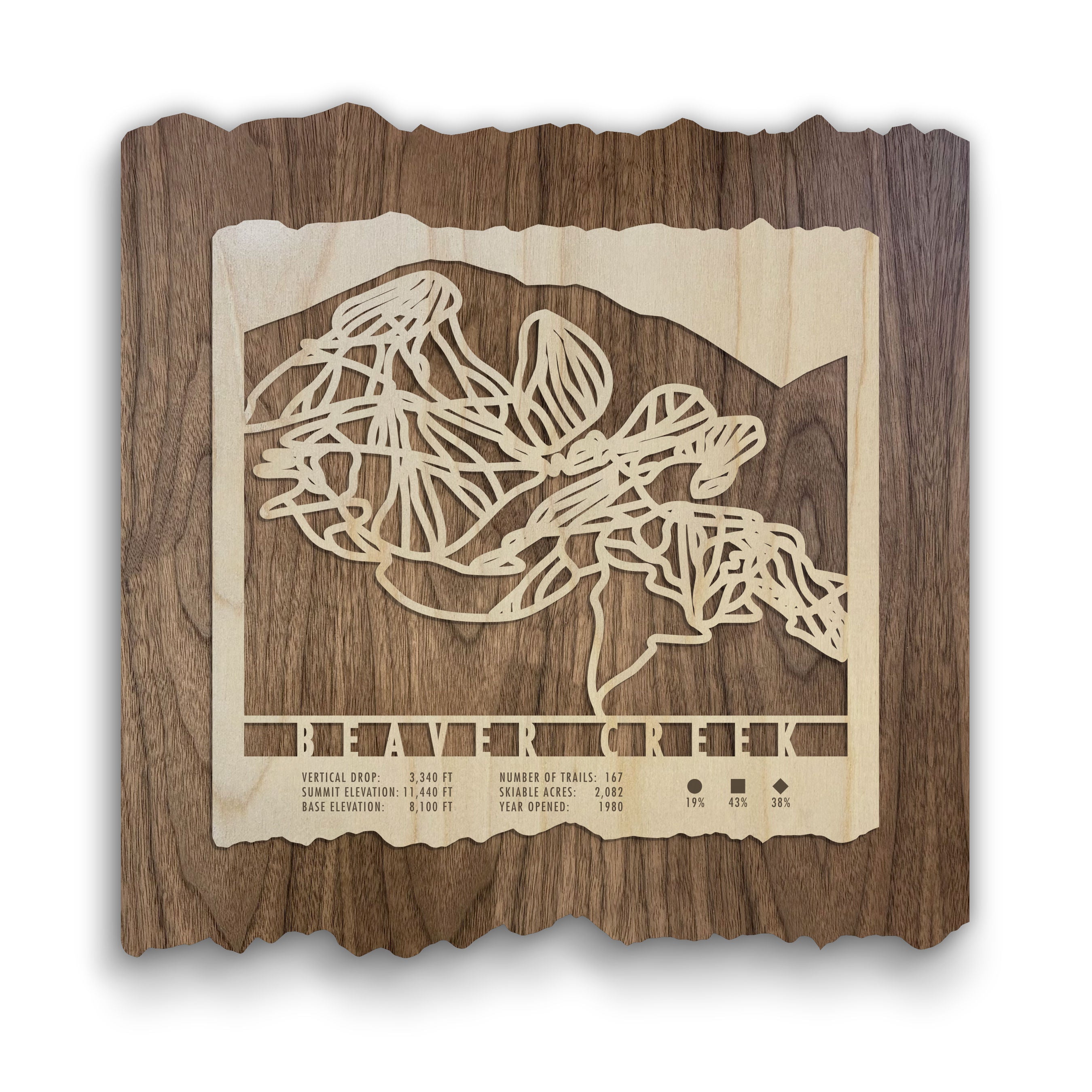 Beaver Creek Ski Trail Map - Wood Ski Decor by Mountaincut featuring detailed laser-cut trails on natural wood, perfect for ski lodge wall art.