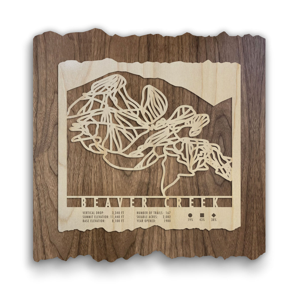 Beaver Creek Ski Trail Map - Wood Ski Decor by Mountaincut featuring detailed laser-cut trails on natural wood, perfect for ski lodge wall art.