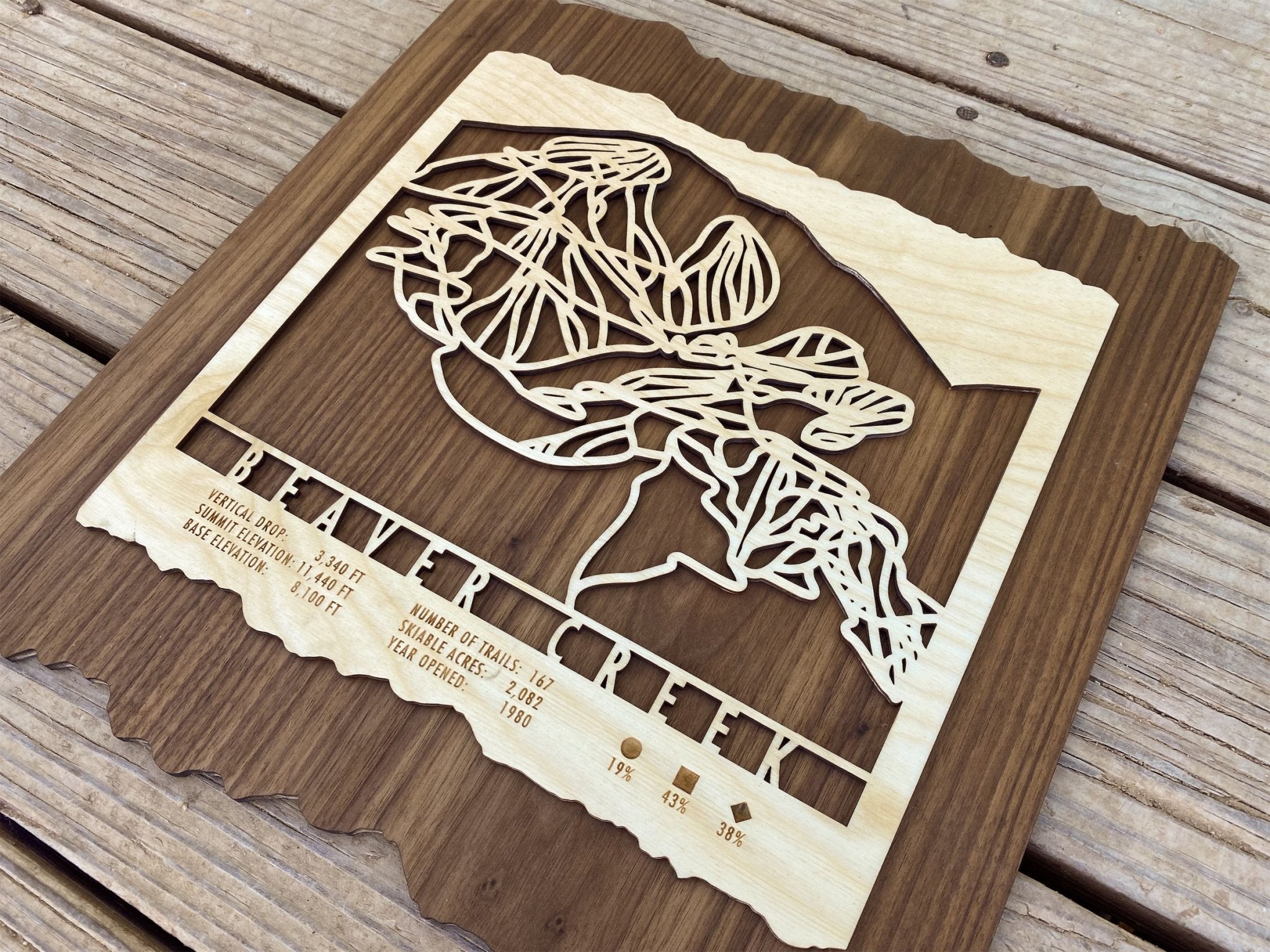 Close-up angled shot of Beaver Creek Ski Trail Map - Wood Ski Decor highlighting the precision-cut ski trails and engraved resort stats on wood.