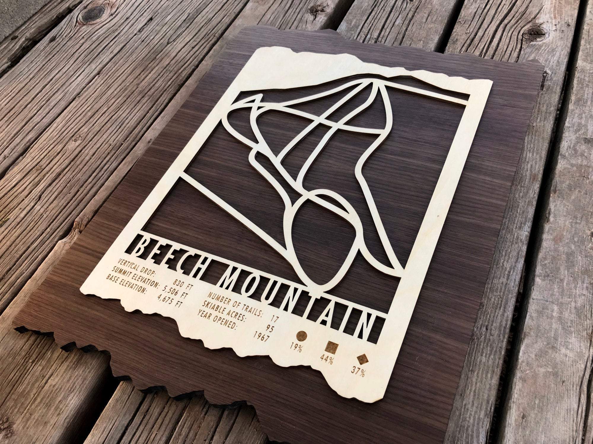 Beech Mountain Ski Trail Map - Wall Decor - Wood ski trail map with 3D cutout design, perfect for ski-themed wall art in home or cabin.