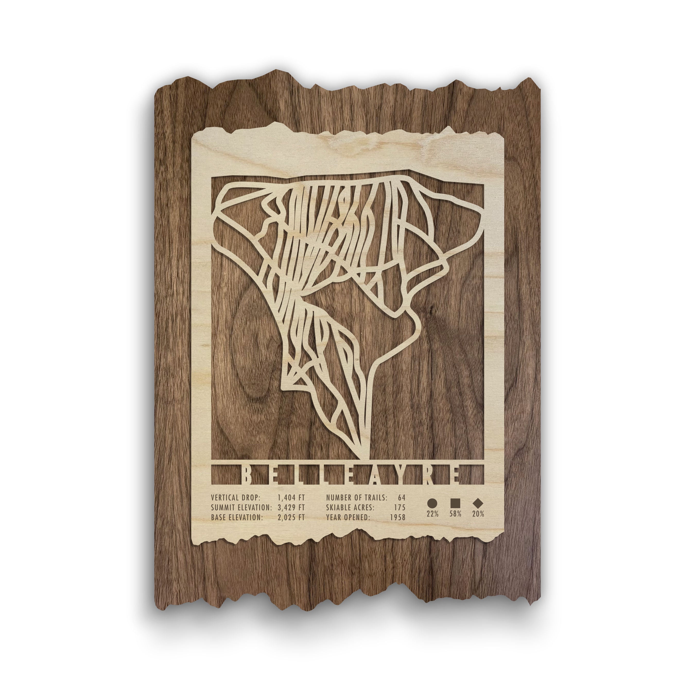 Belleayre Ski Trail Map - Wall Decor - Mountaincut wooden ski map featuring engraved trail lines and resort stats, ideal for rustic home or lodge decor.