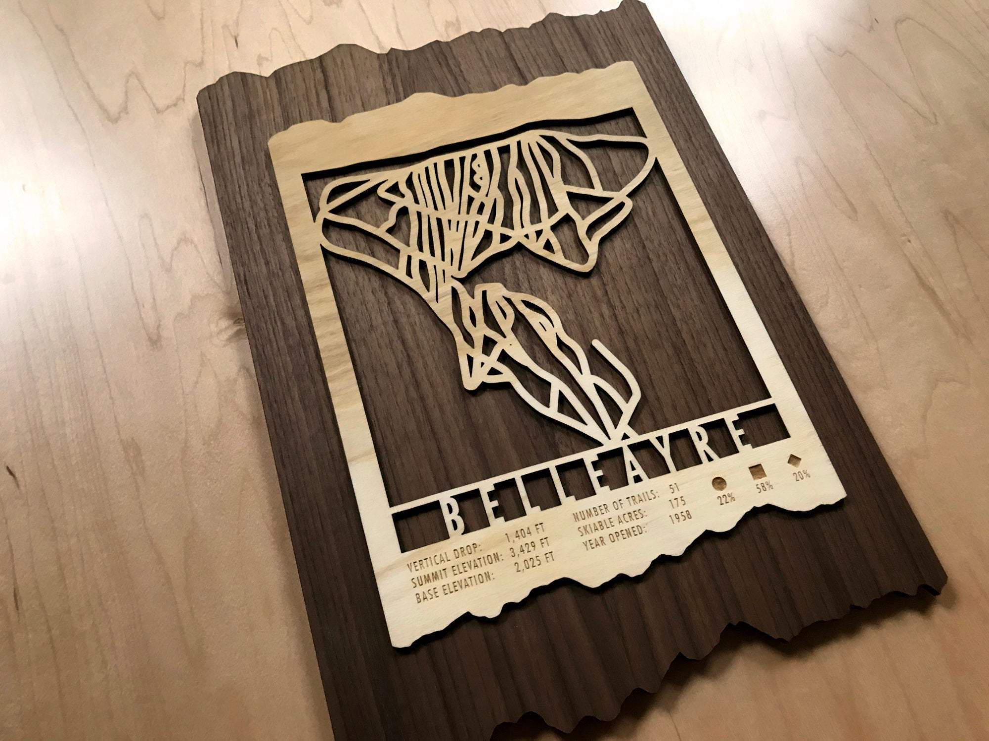 Angled view of Belleayre Trail Map - Wood Wall Decor - Mountaincut showing laser-cut wood design and detailed trail layout for ski-themed wall art.