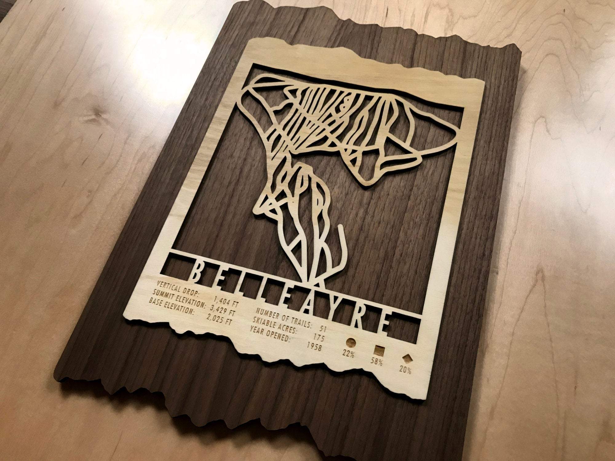 Belleayre Ski Trail Map - Wall Decor - Mountaincut ski map in wood with precision-cut trails and resort data, perfect for ski house or office decoration.