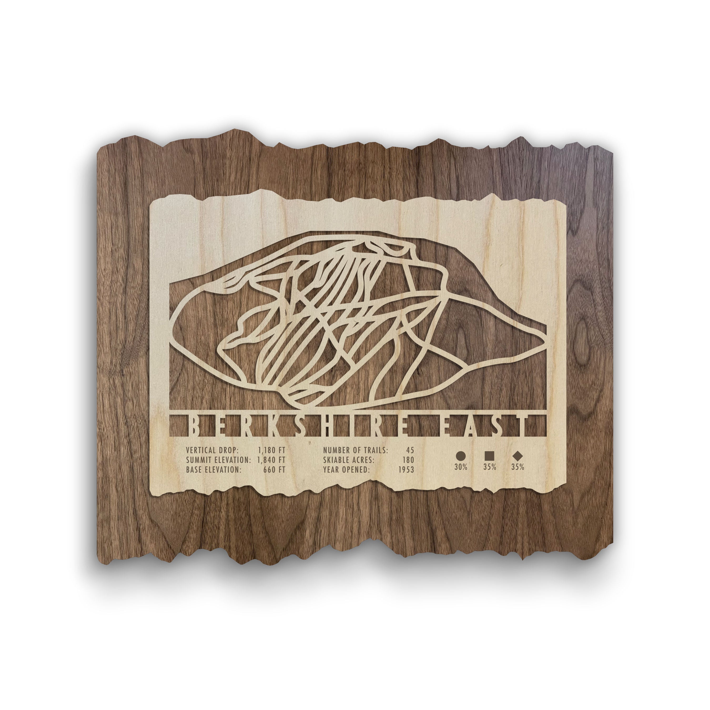 Berkshire East Ski Trail Map - Wood Ski Decor by Mountaincut - Featuring laser-cut ski trails on layered wood with trail stats and rustic edges.