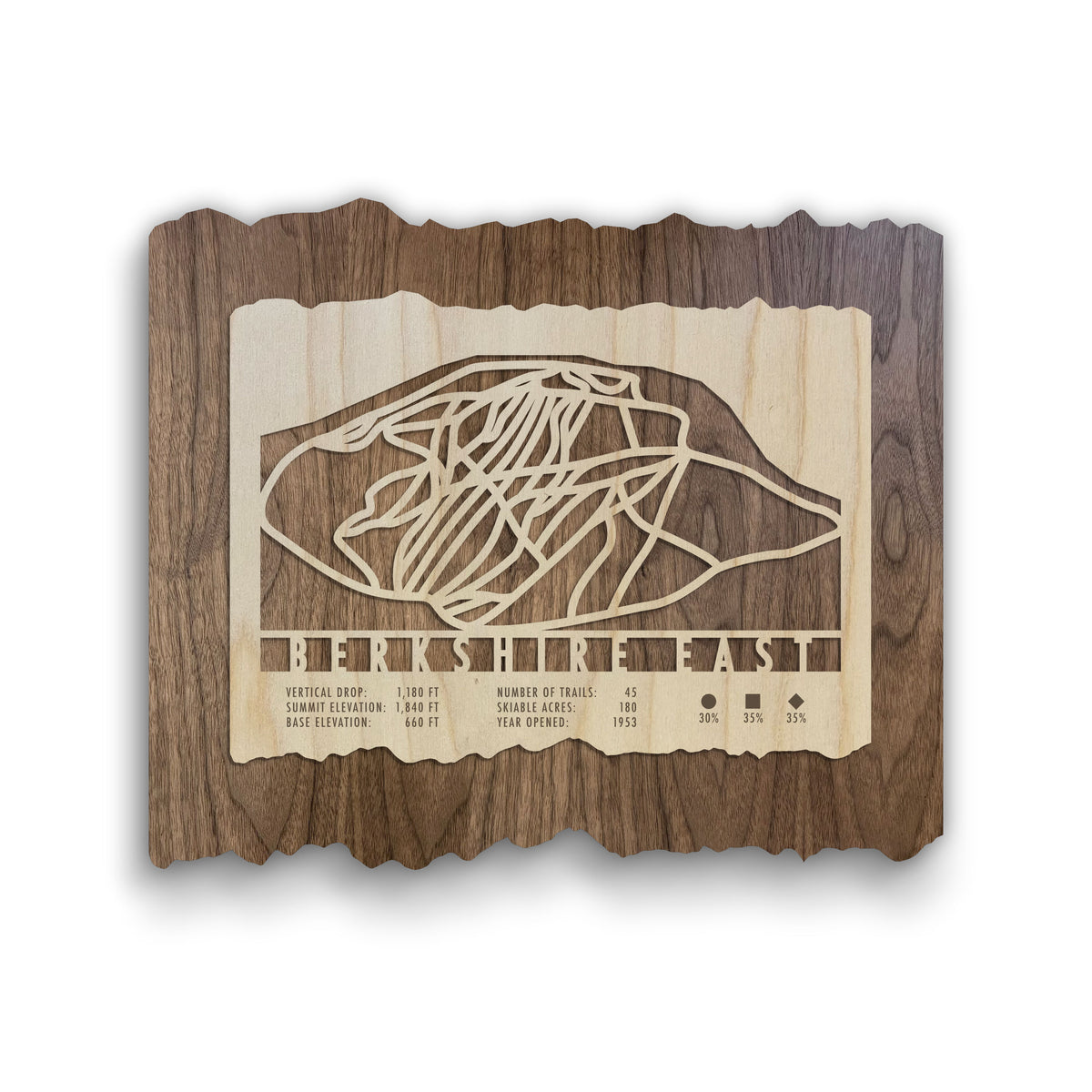 Berkshire East Ski Trail Map - Wood Ski Decor by Mountaincut - Featuring laser-cut ski trails on layered wood with trail stats and rustic edges.