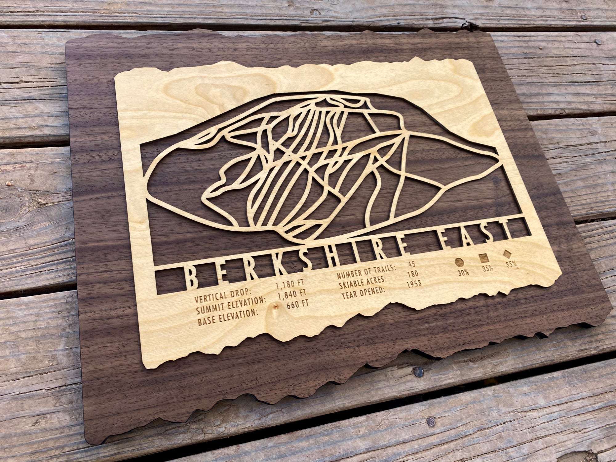 Wooden Berkshire East Ski Trail Map by Mountaincut displayed on a wooden surface, showcasing ski trail lines and engraved resort details.
