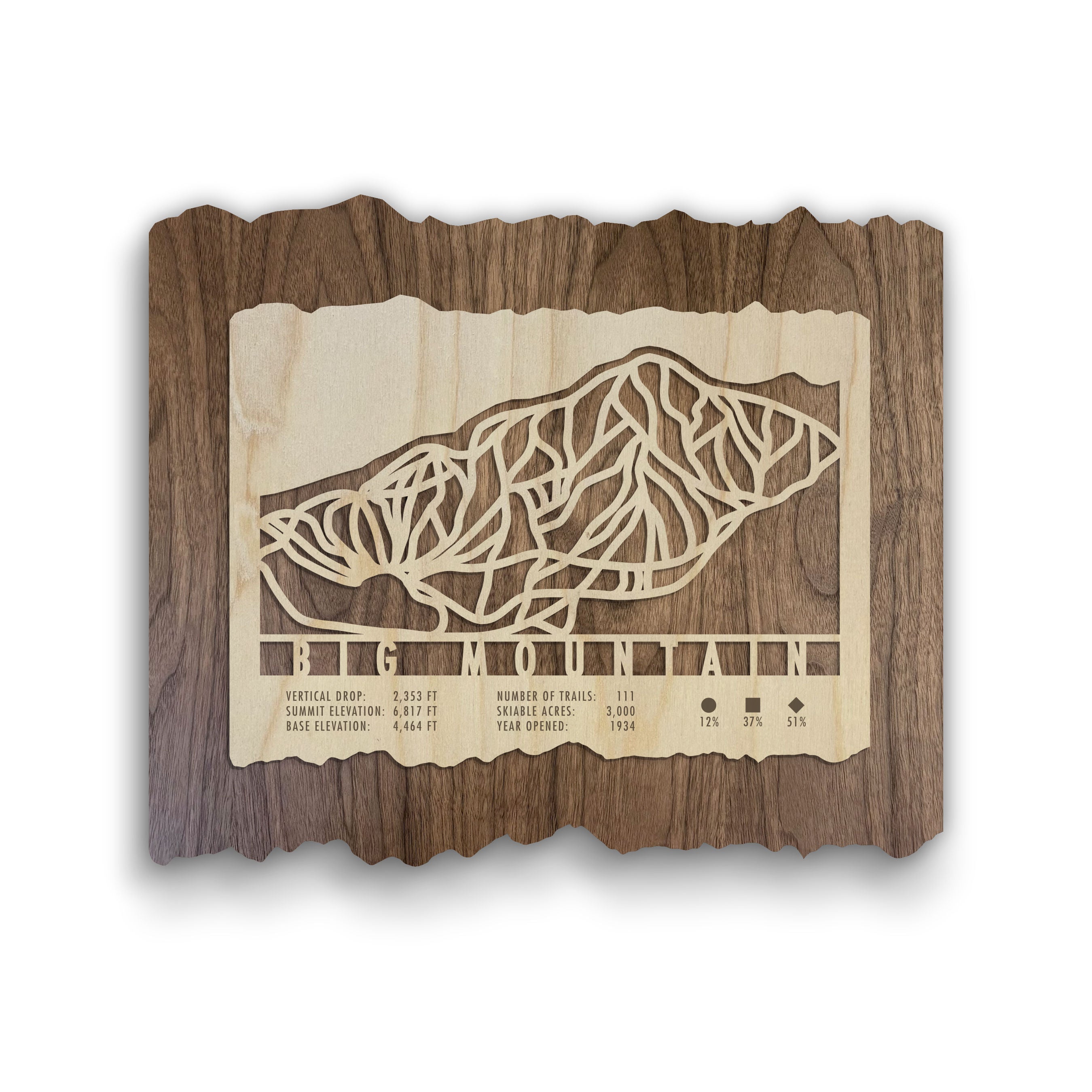 Big Mountain Ski Trail Map - Ski Decor by Mountaincut - wooden ski map featuring intricate trail layout and elevation stats, ideal for rustic home decor.