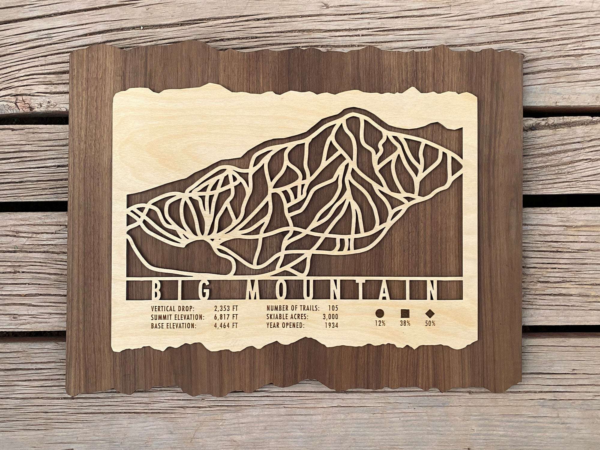 Big Mountain Trail Map - Wall Decor - MountainCut rustic wood ski map with labeled trail system and terrain stats, ideal for home or cabin wall art.