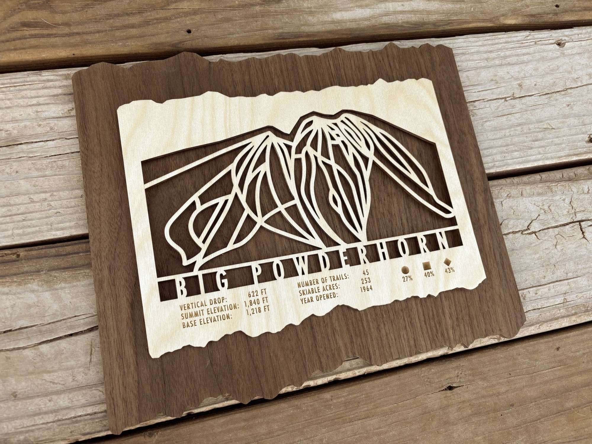Big Powderhorn Ski Trail Map - Ski Decor | Hand-Traced Wood shown on wood deck, highlighting engraved ski trails and resort data for rustic wall art.