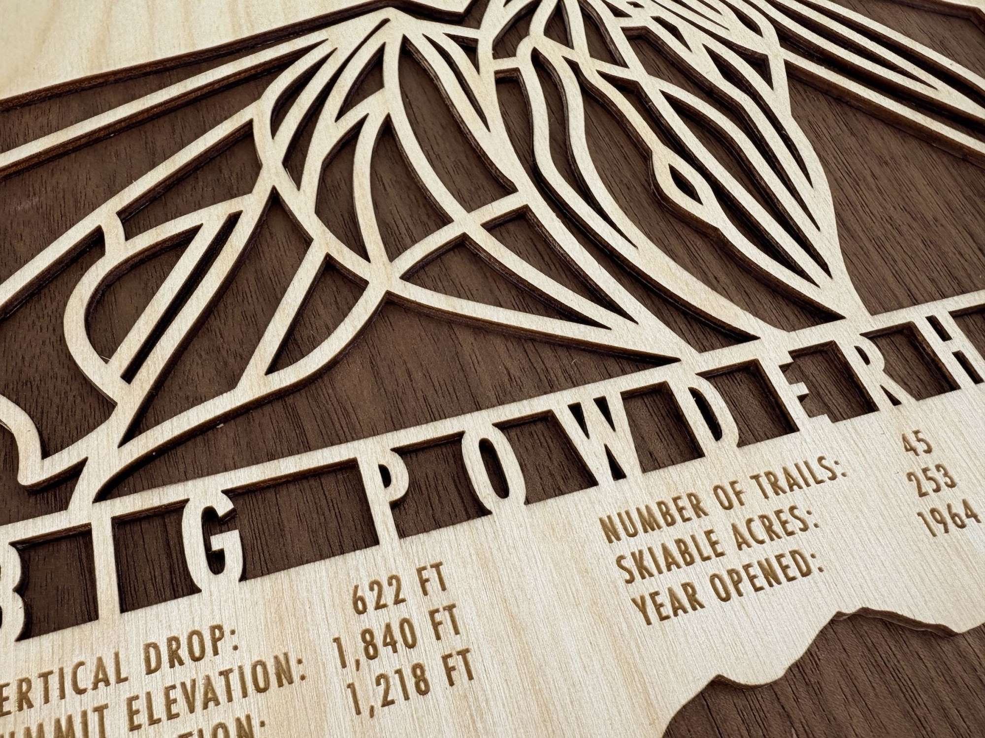 Big Powderhorn Ski Trail Map - Ski Decor | Hand-Traced Wood zoomed-in view of precision-cut ski trails and engraved elevation and trail stats.
