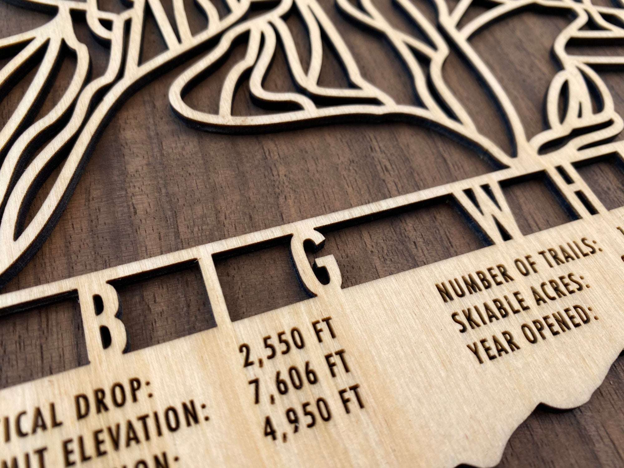 Detail of Big White Ski Trail Map wood art showing engraved elevation and trail data, a unique gift for skiers and snowboarders.