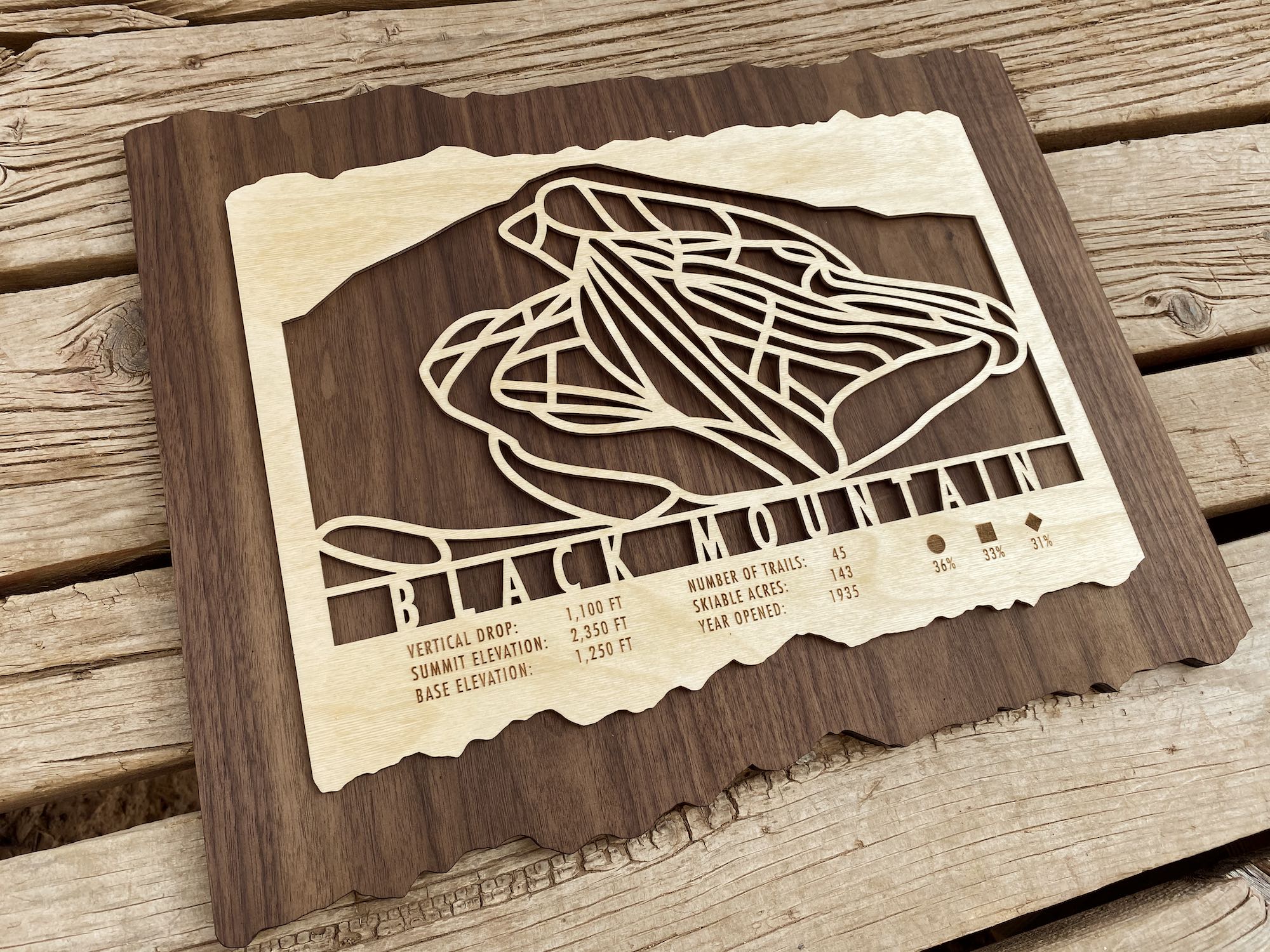 Black Mountain Ski Trail Map - Wall Decor - laser-cut wood artwork showing ski trails and elevation details, perfect for New Hampshire ski lovers.
