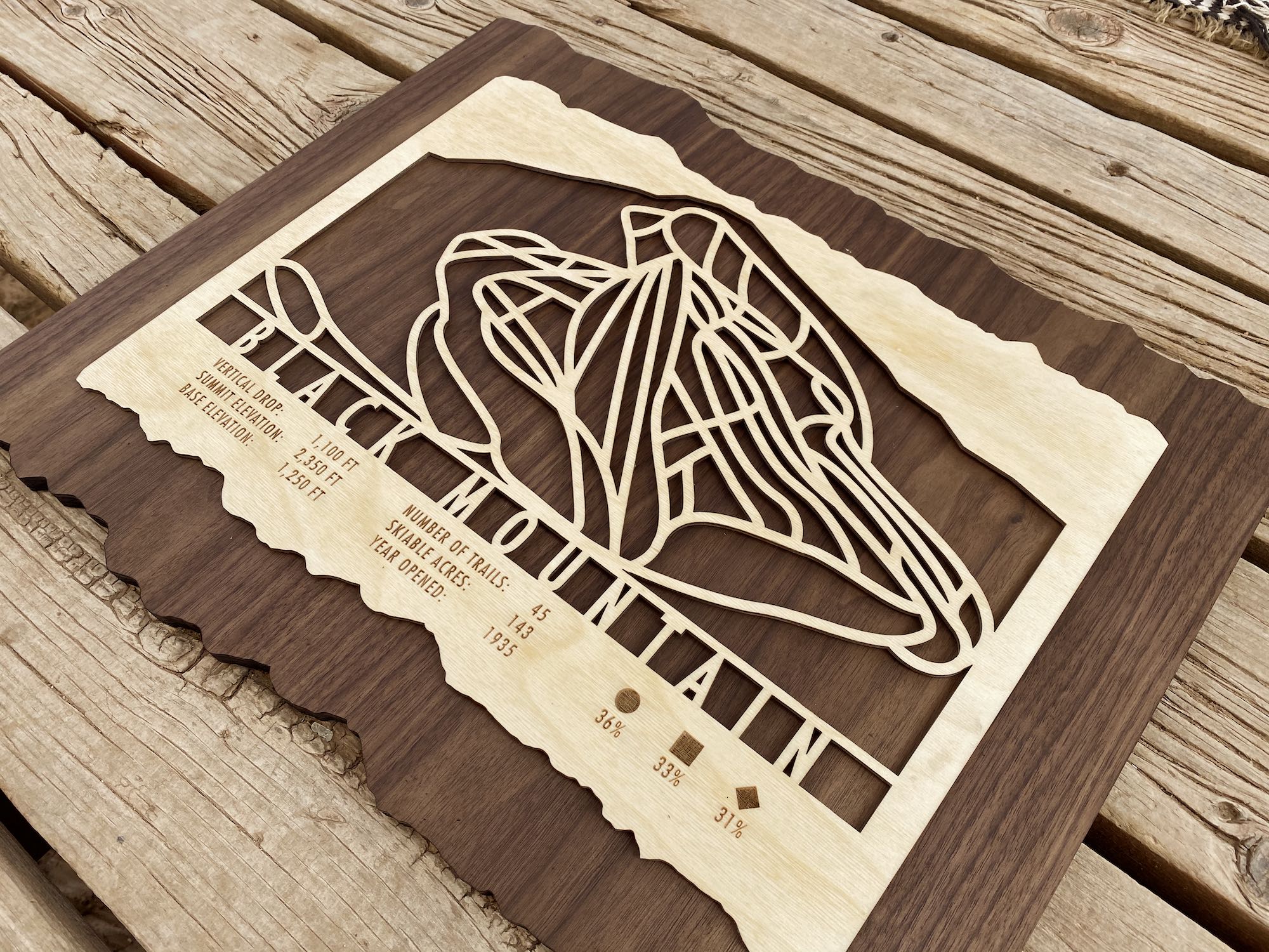 Black Mountain Trail Map - Ski Decor by Mountaincut - Handcrafted wood ski map with detailed trail layout and resort information for home or cabin display.