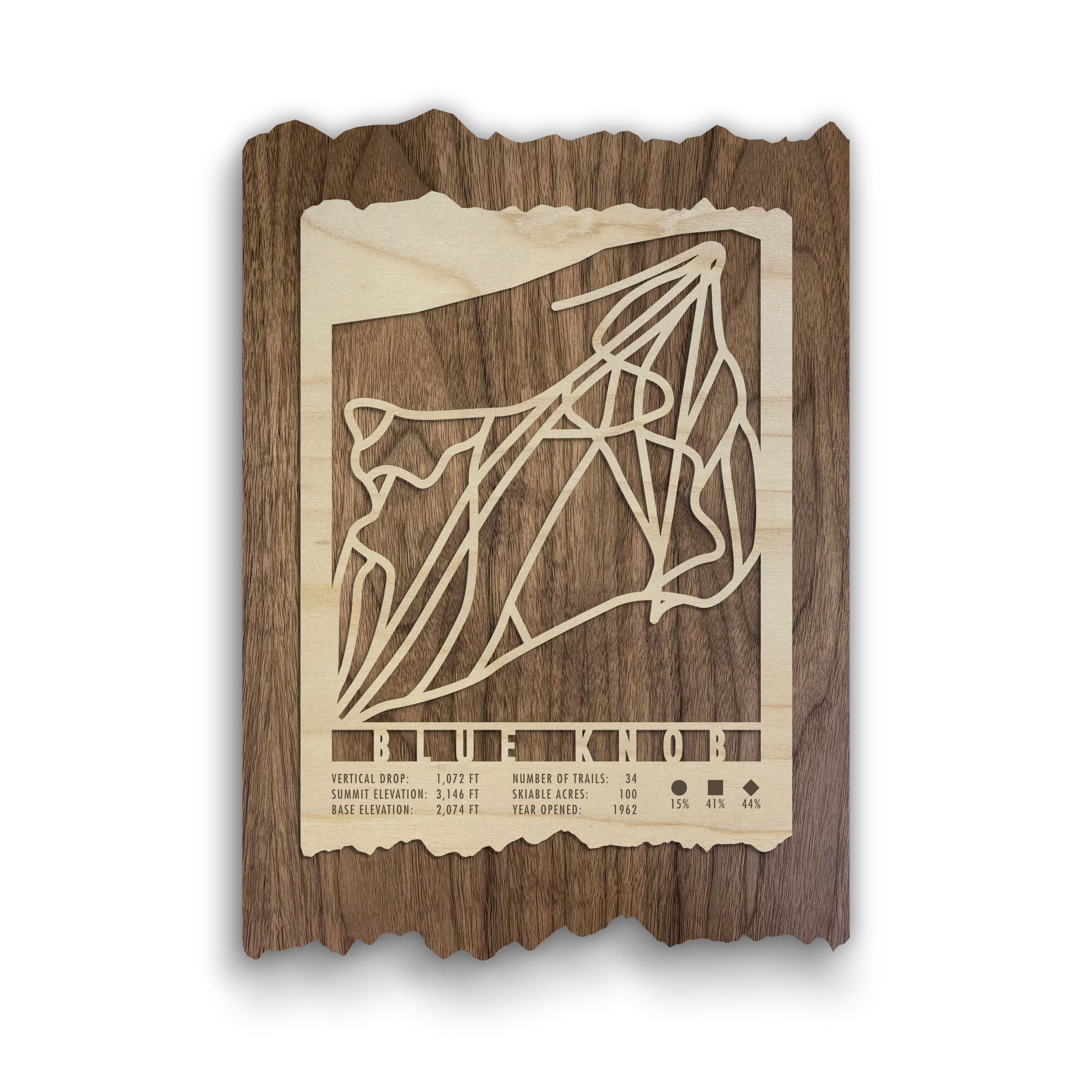 Blue Knob Trail Map - Gift for Skiers, laser-cut wood ski map wall art showing Pennsylvania ski trails with elevation and trail stats.