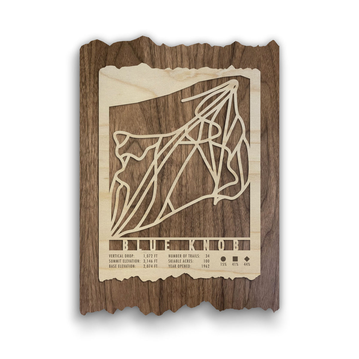 Blue Knob Trail Map - Gift for Skiers, laser-cut wood ski map wall art showing Pennsylvania ski trails with elevation and trail stats.