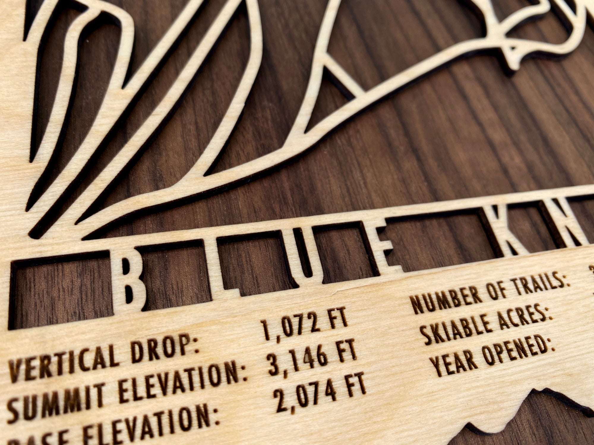 Close-up of Blue Knob wooden ski trail map showing engraved resort stats including vertical drop, elevation, and number of trails.