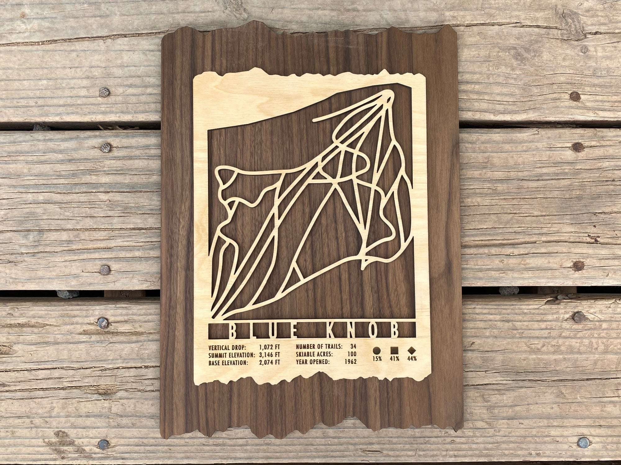 Rustic Blue Knob Trail Map - Gift for Skiers, wooden wall art with ski trail design and resort data, perfect for ski lodge decor.
