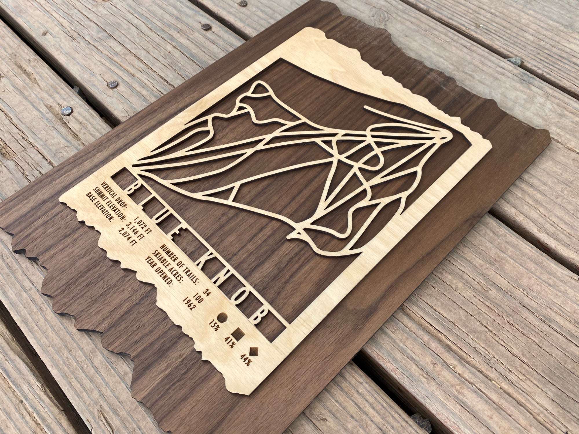 Blue Knob Trail Map - Gift for Skiers, handcrafted wood ski map with engraved trail layout and resort information for Pennsylvania slopes.