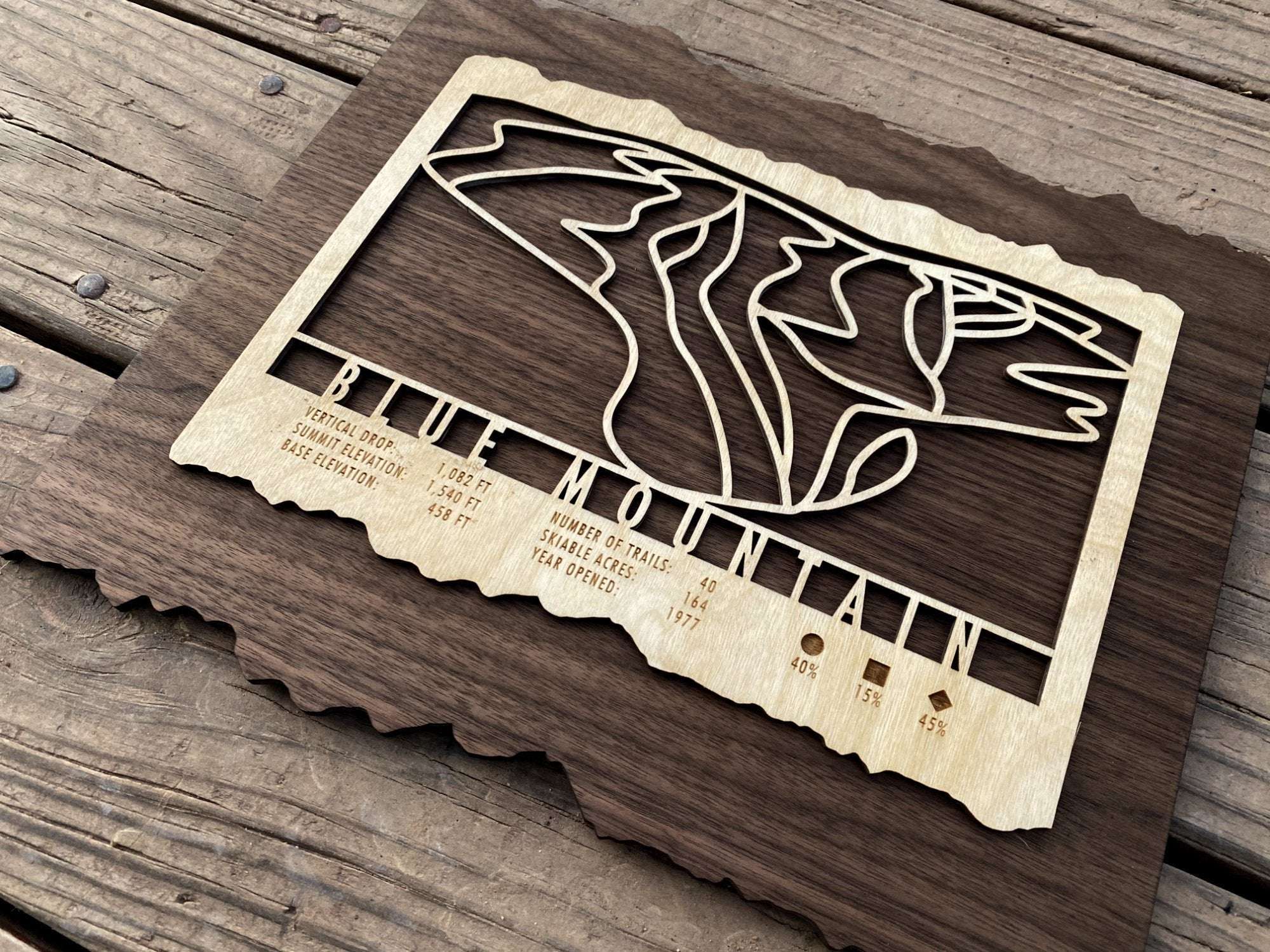 Detailed Blue Mountain Pennsylvania Ski Trail Map - Wood decor showing ski trails and resort data, handcrafted for ski enthusiasts.