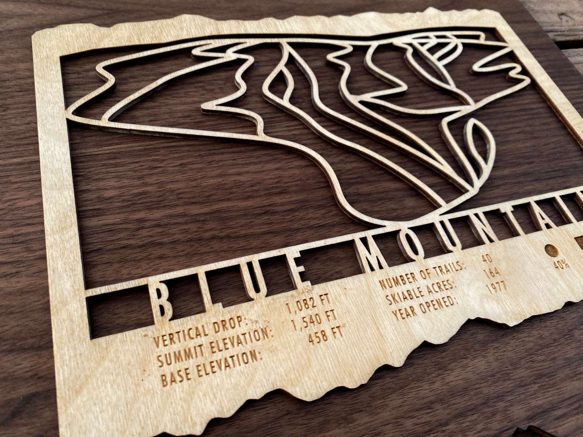 Close-up of Blue Mountain Pennsylvania Trail Map - Featuring engraved mountain stats aof this Pennsylvania ski area.